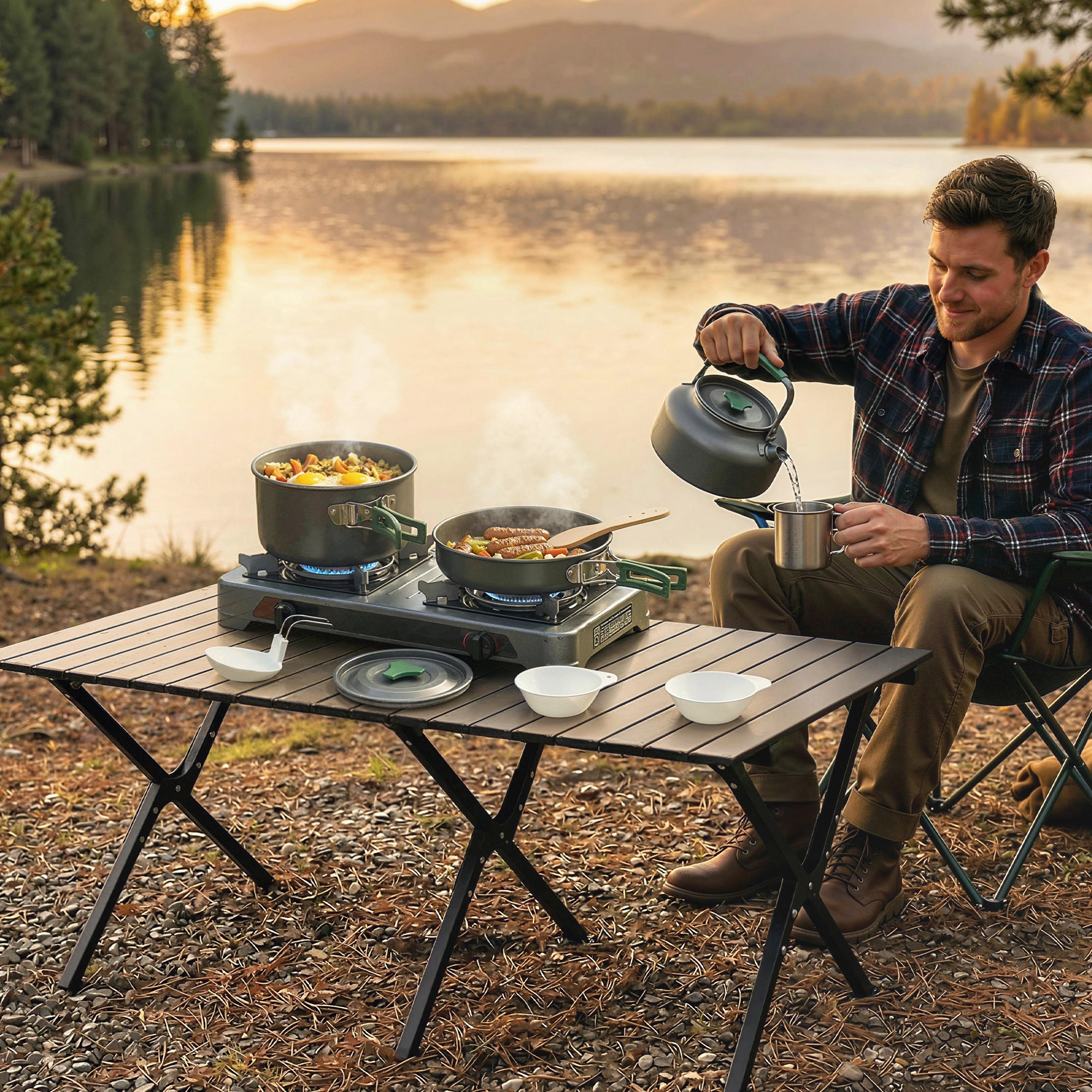 Camping Cookware Set for 2-3 People, Ultralight Aluminium Camping Cooking Kit with Anti-Scald Handles, Grey