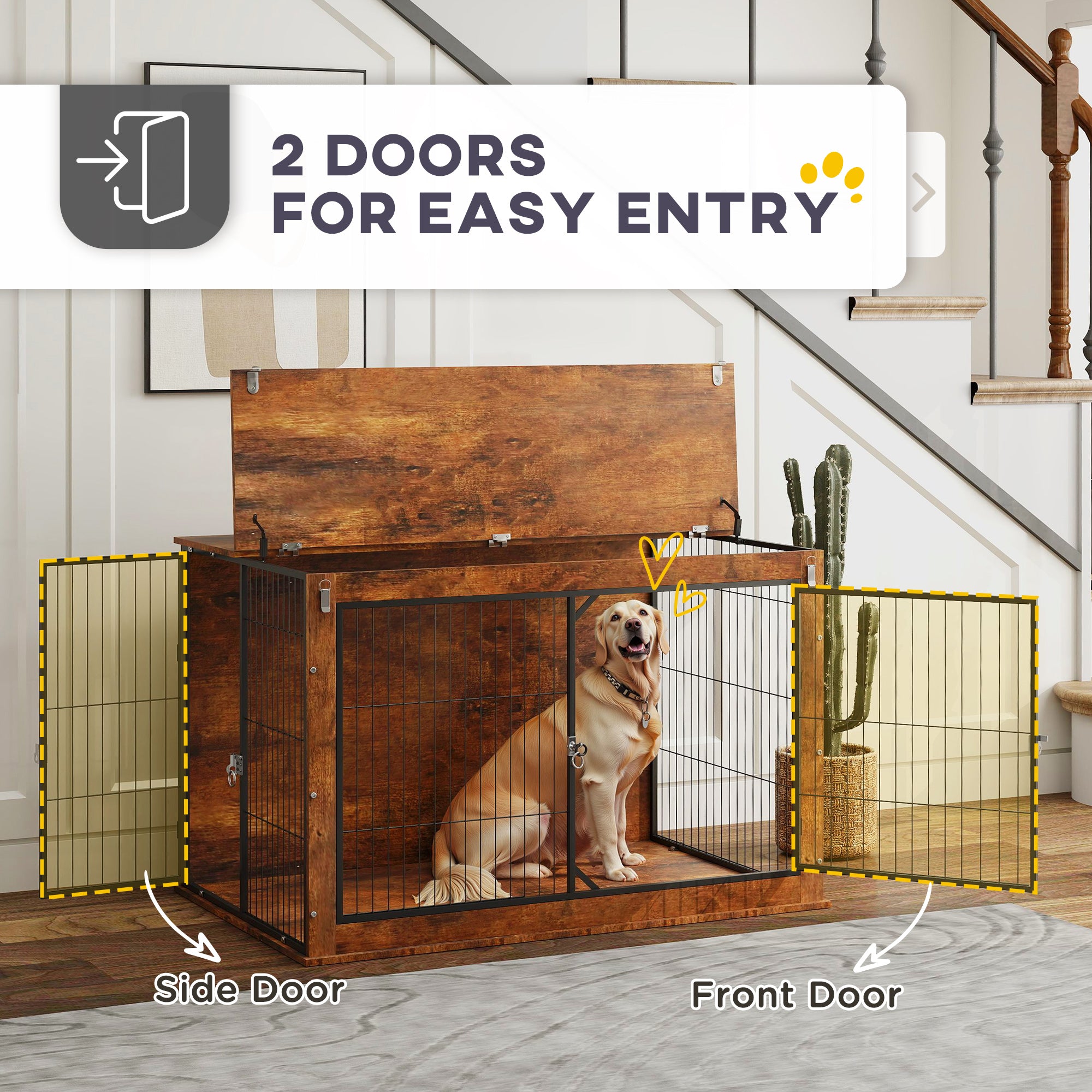 Dog Crate Furniture with Flip-up Top, 2 Doors, for Extra Large Dogs, 118 x 75 x 77cm, Rustic Brown