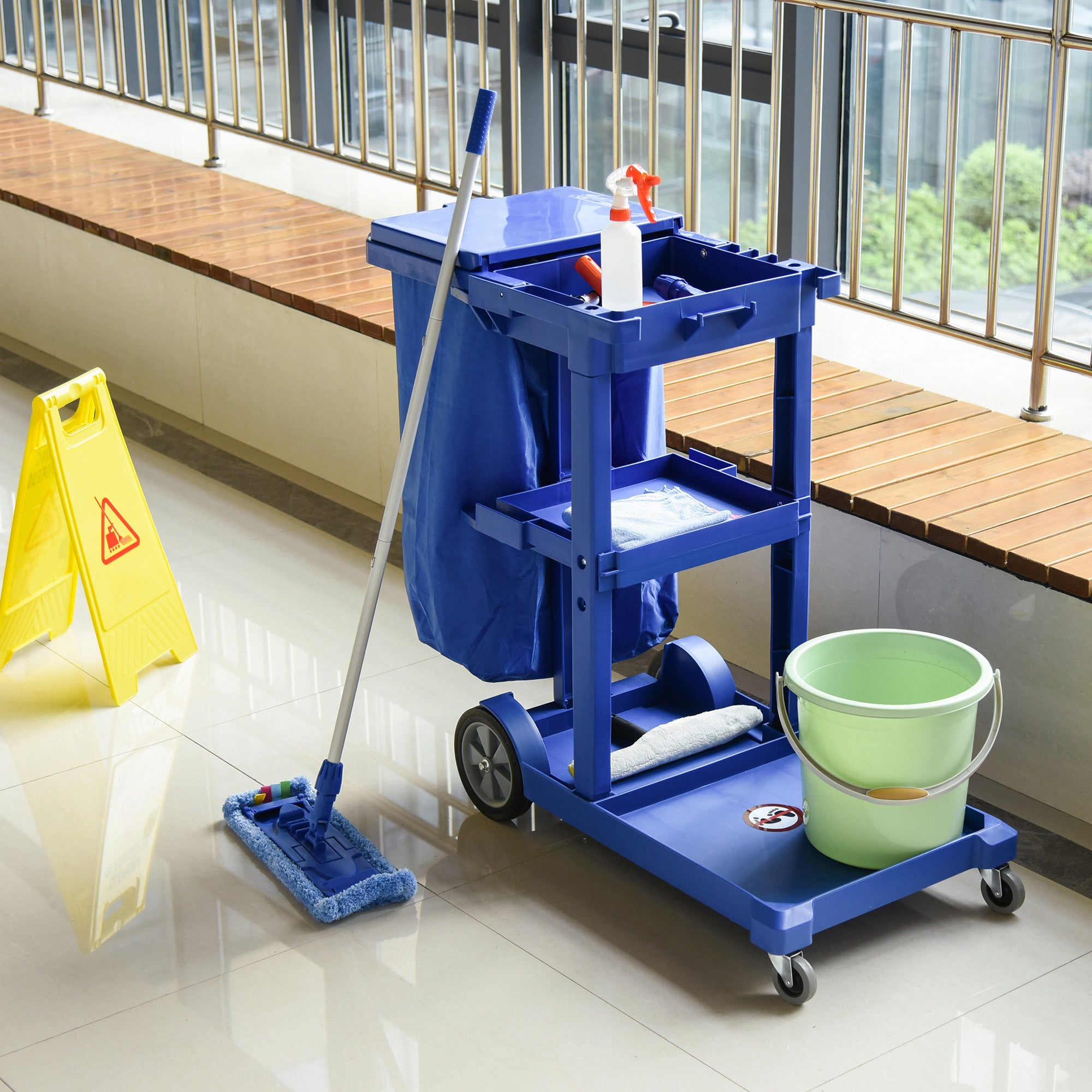 Janitor Cleaning Trolley, with Bin, Shelves and Hooks - Blue