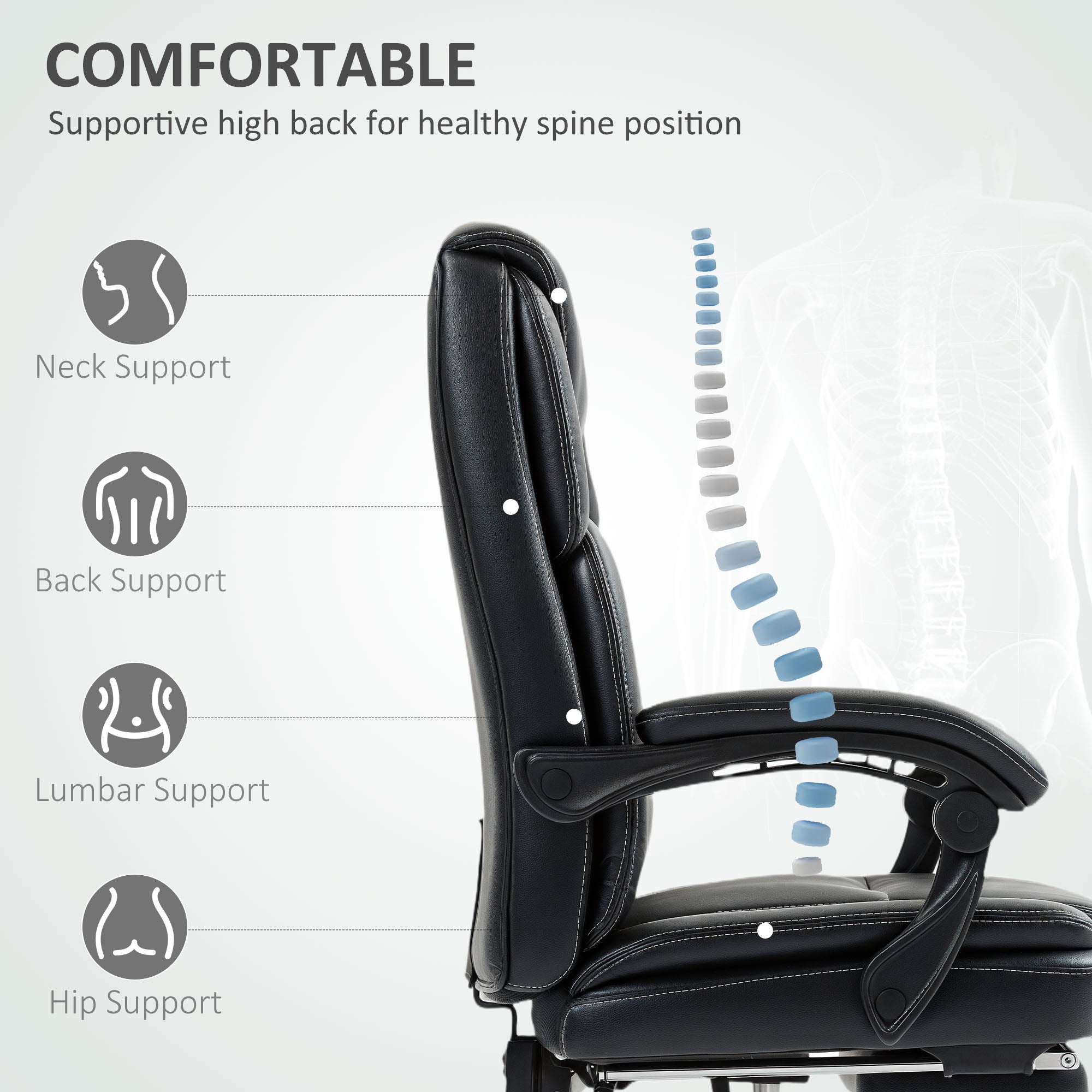 Faux Leather Reclining Office Chair, with Footrest - Black