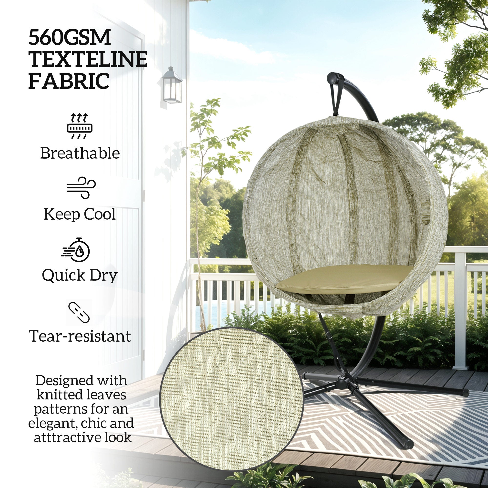 Hanging Egg Swing Chair with Stand and Thick Cushion - Khaki