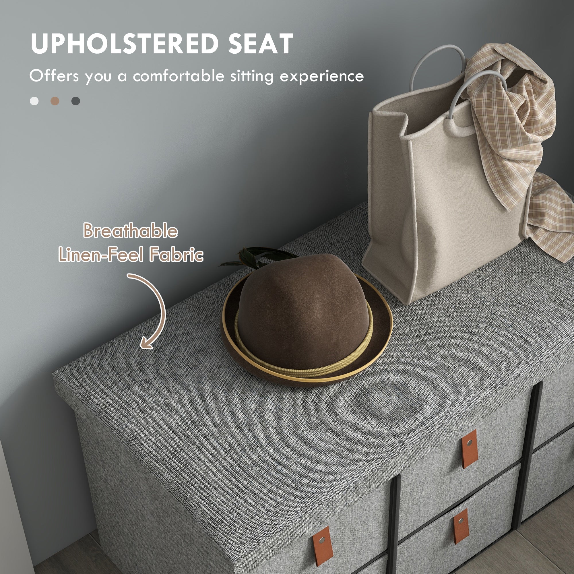 Shoe Bench with Seat, Shoe Storage Bench with Cushion and 6 Fabric Drawers for Entryway, Hallway, Living Room, Bedroom, Light Grey