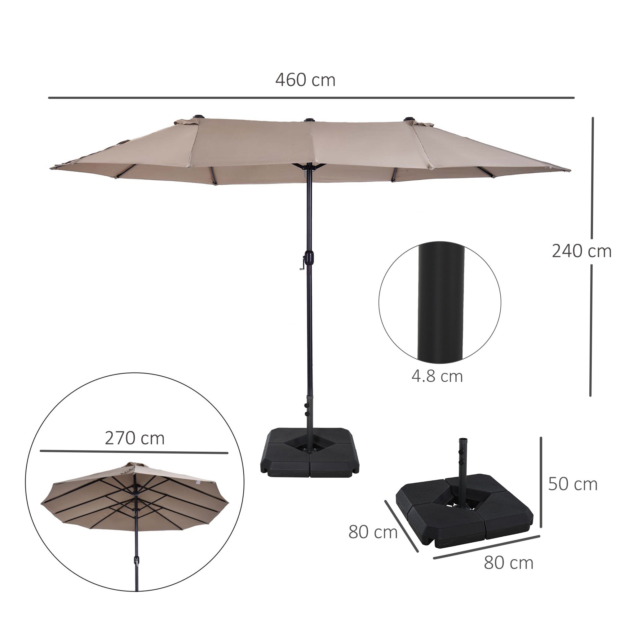 4.6m Garden Parasol Double-Sided Sun Umbrella Patio Market Shelter Canopy Shade with Weight Base, Tan