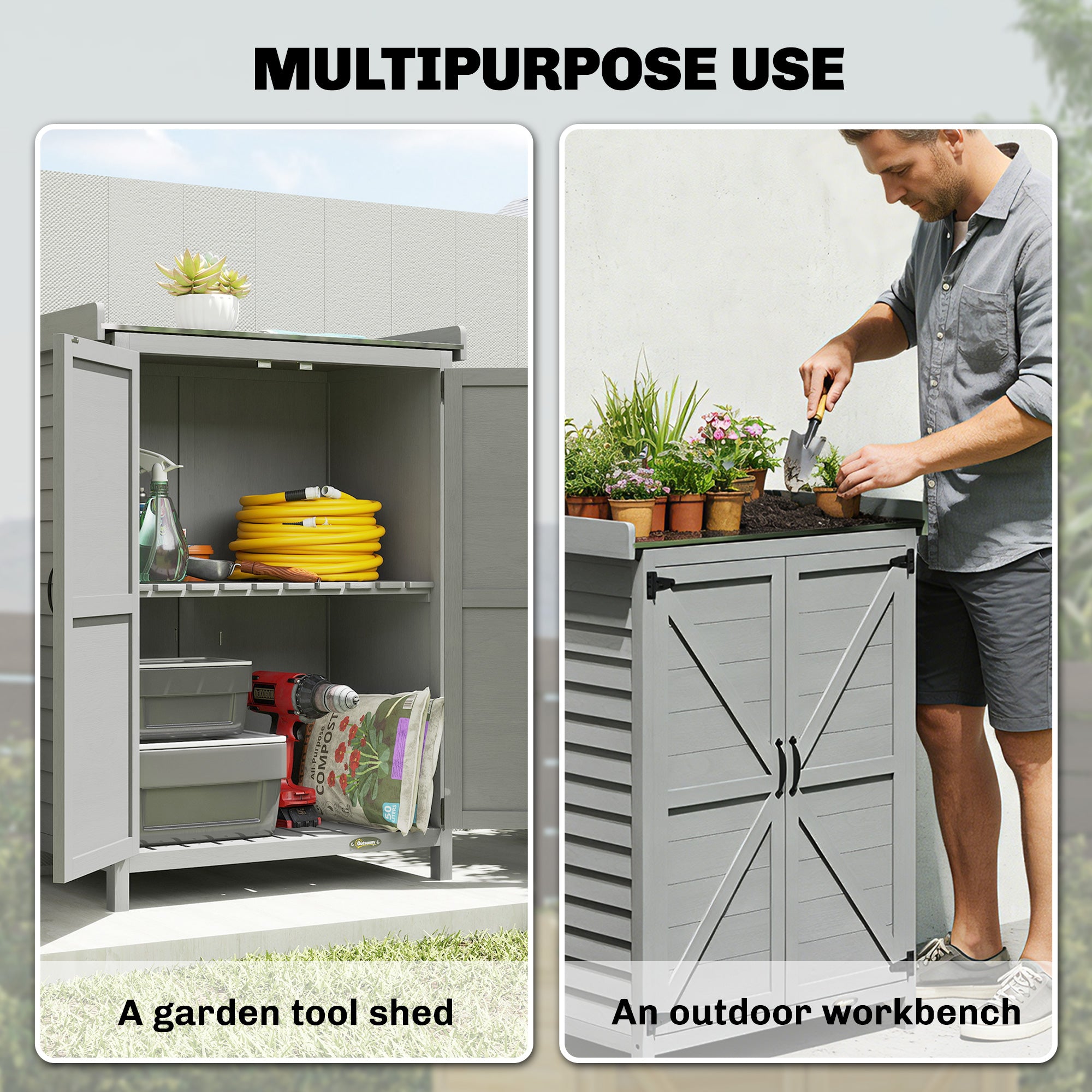Wooden Garden Shed, Garden Tool Storage Shed with Shelf and Side Hooks, 71.5 x 39 x 95 cm, Grey