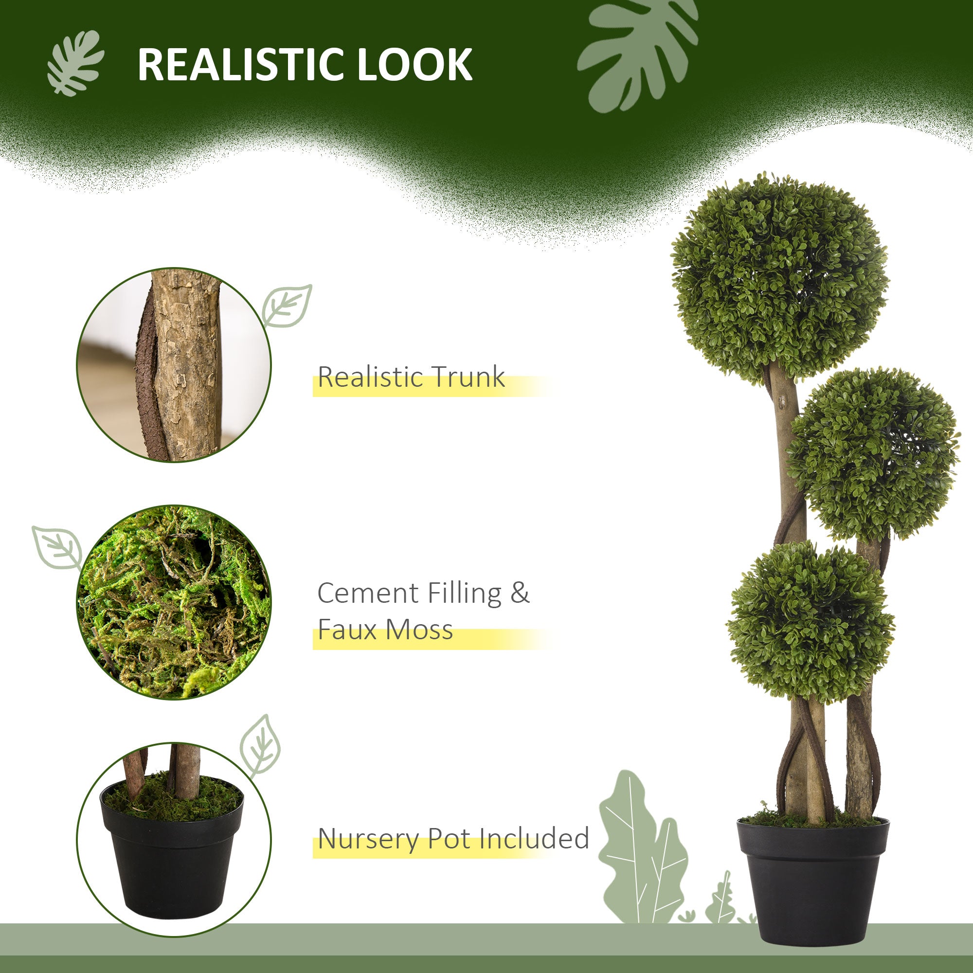Set of 2 Decorative Artificial Tree Boxwood Ball Topiary Tree in Pot, Fake Plant for Home Indoor Outdoor Decor, 90 cm, Light Green