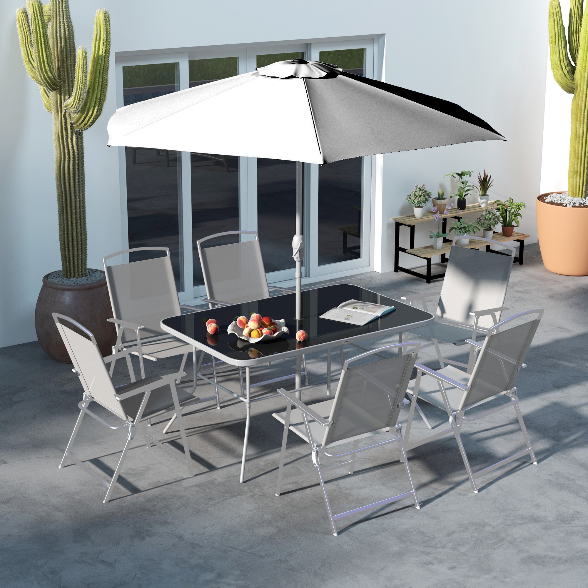 8 Piece Garden Dining Set with Glass Table and Parasol - Grey