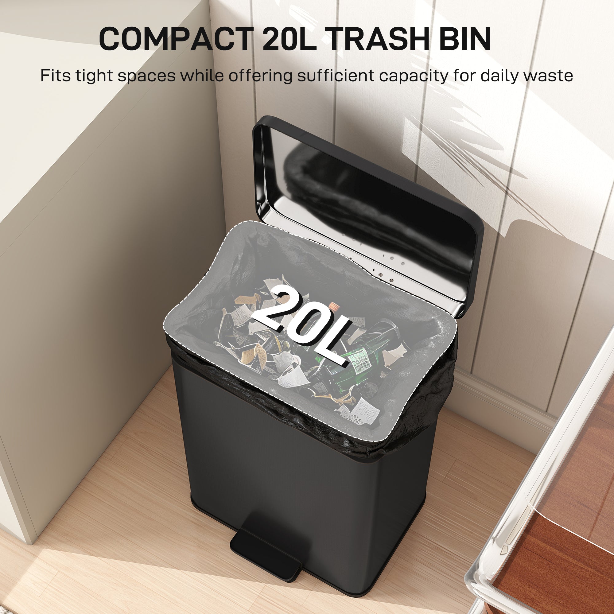 20L Kitchen Bin with Soft-Close Lid and Stay-Open Function, Stainless Steel Pedal Bin with Removable Inner Bucket for Kitchen, Office, Home, Matte Black