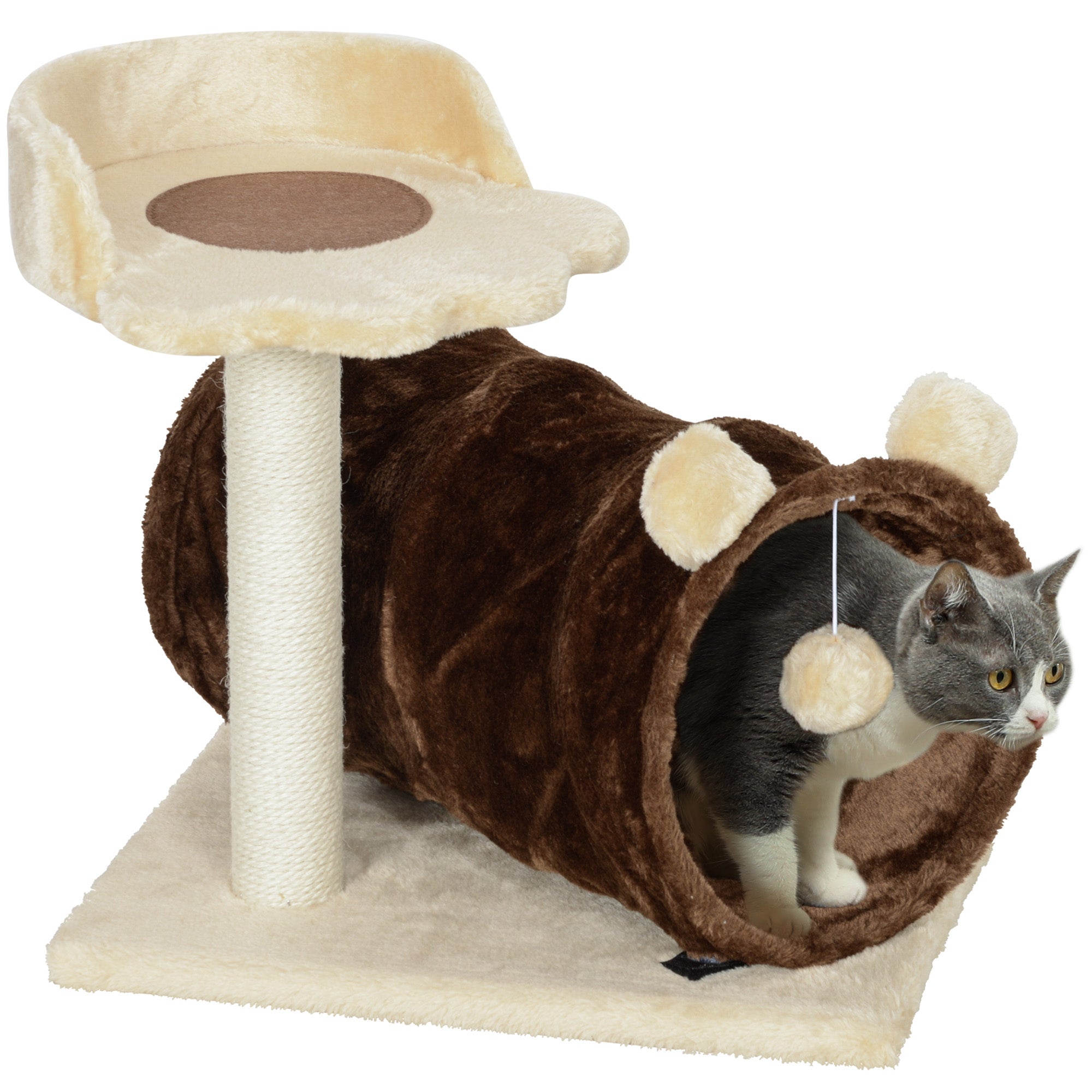 47cm Small Cat Tree w/ Scratching Post, Bed, Cat Tunnel, Toy Ball, Dark Brown