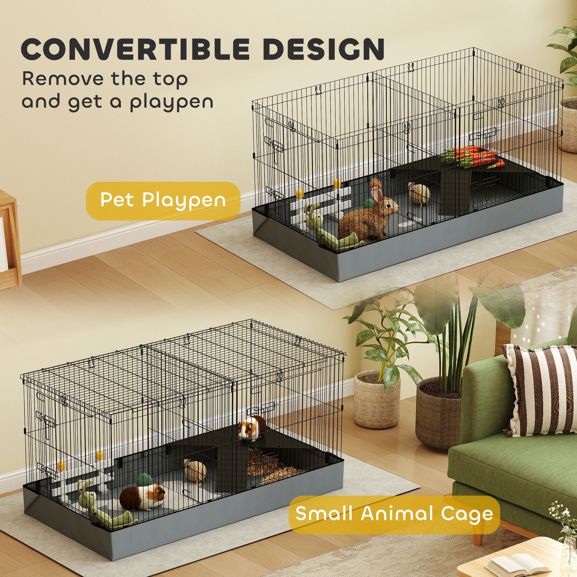 2 in 1 Guinea Pig and Rabbit Cage Playpen with Waterproof Oxford Floor for Hedgehogs - Black Grey