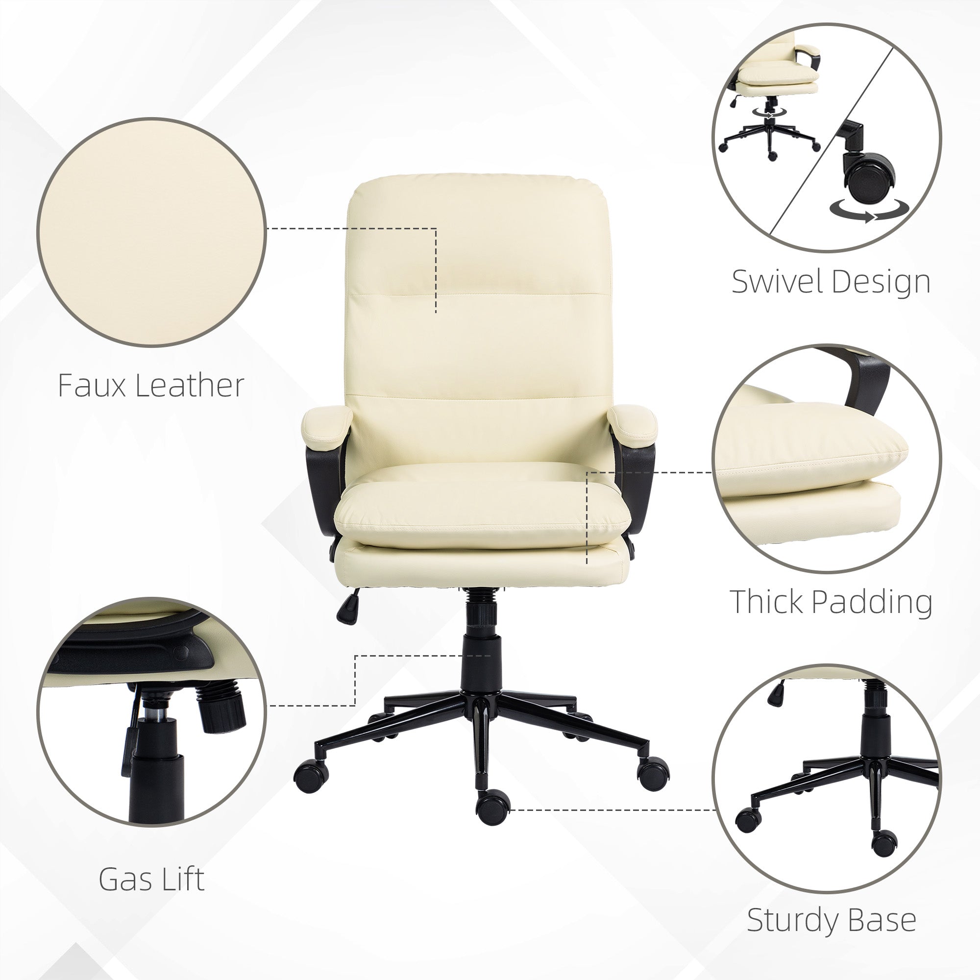 Office Chair, PU Leather Computer Desk Chair Office Chair with Adjustable Height and Swivel Rolling Wheels for Work Study, Cream White