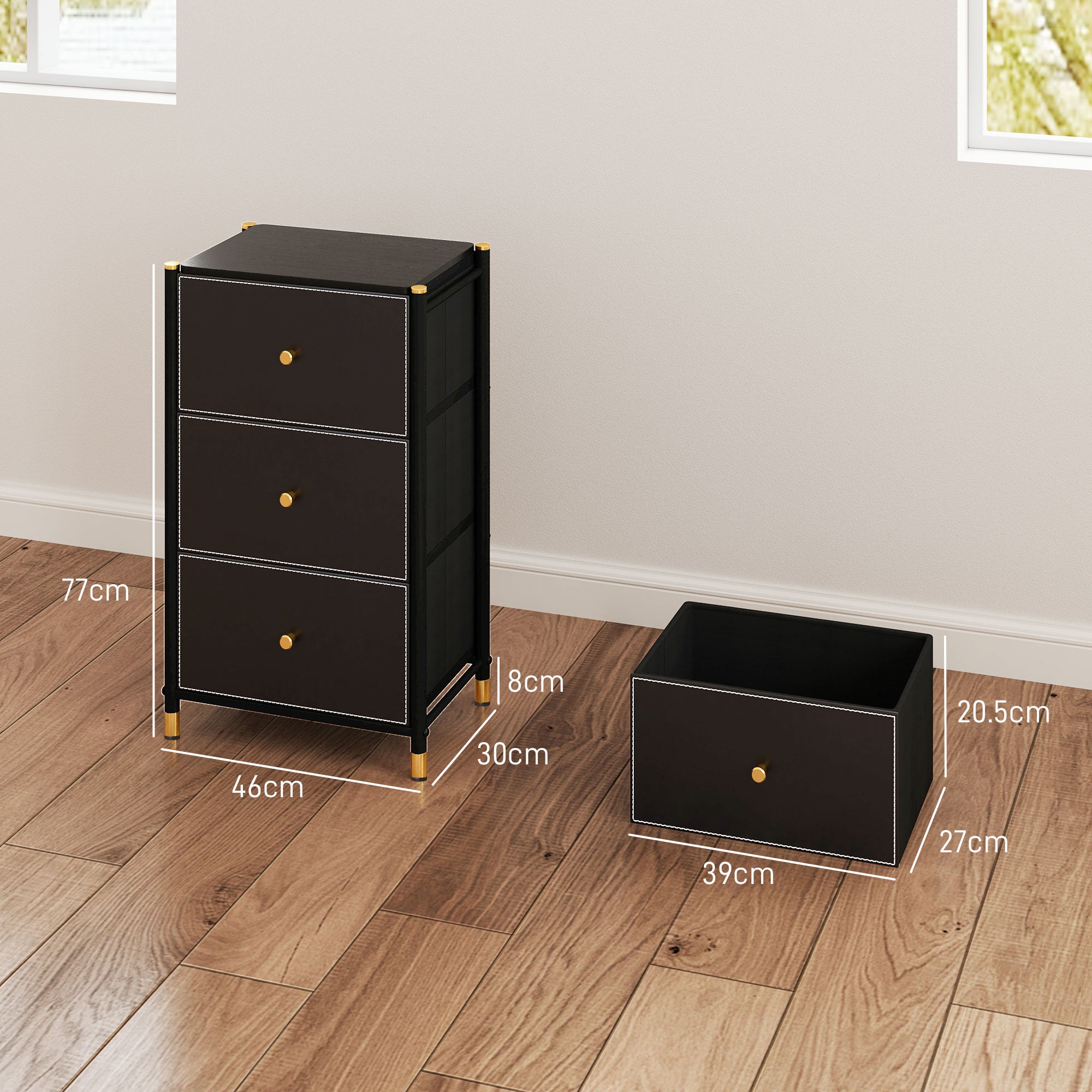 Faux Leather Front Chest of Three Drawers - Black