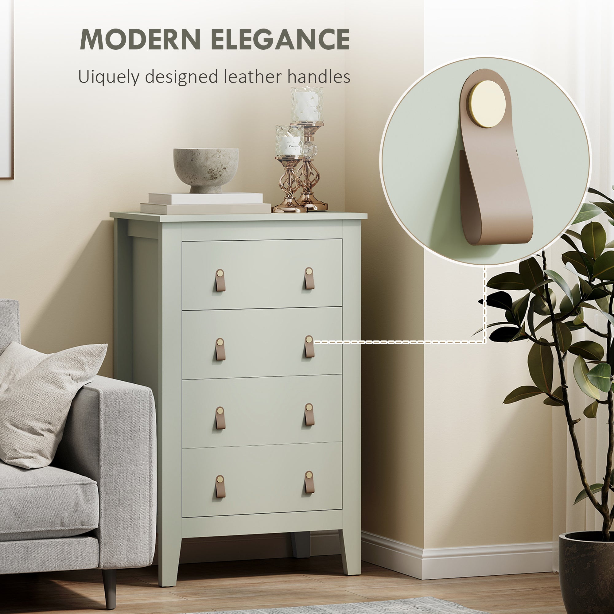 Bedroom Chest of Drawers, Modern 4 Drawer Dresser Cabinet with PU Leather Handles and Metal Runners for Living Room, Hallway, Entryway, 60 x 40 x 98 cm, Green