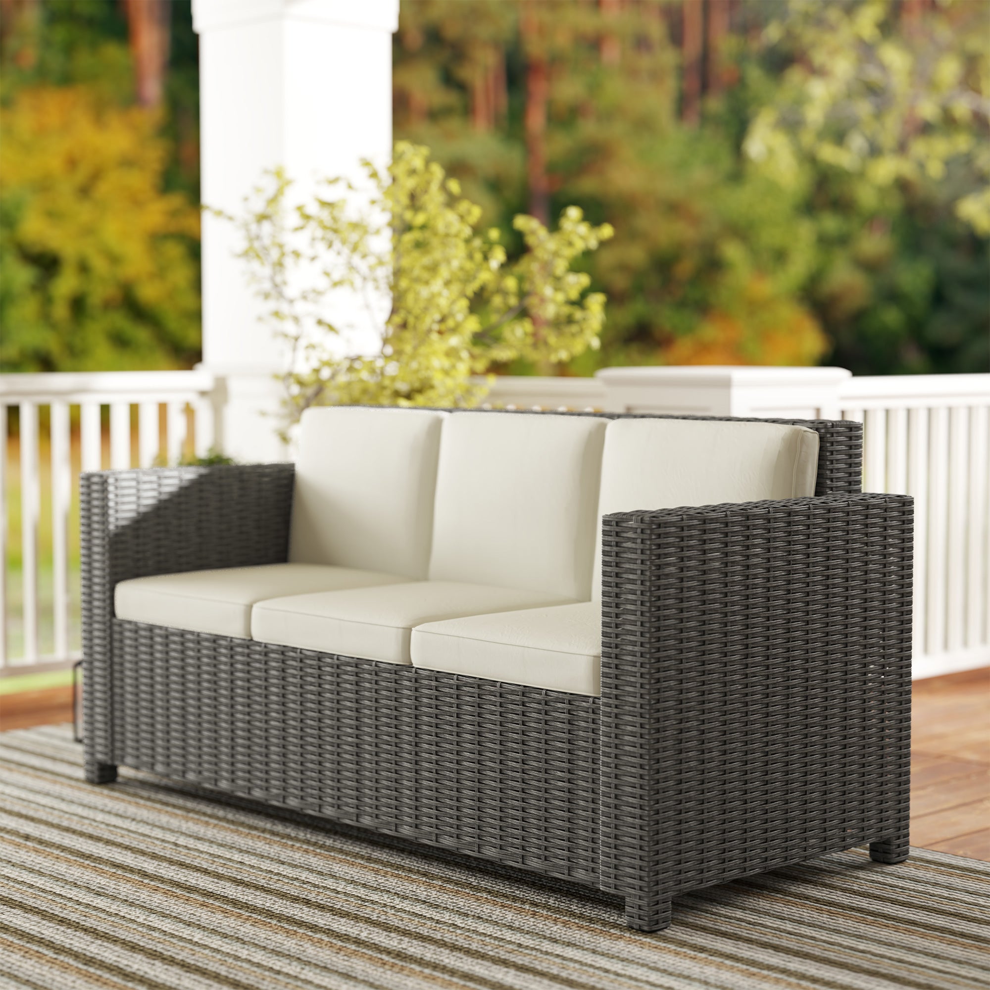3 Seater Rattan Sofa with Fire Resistant Cushions Cream