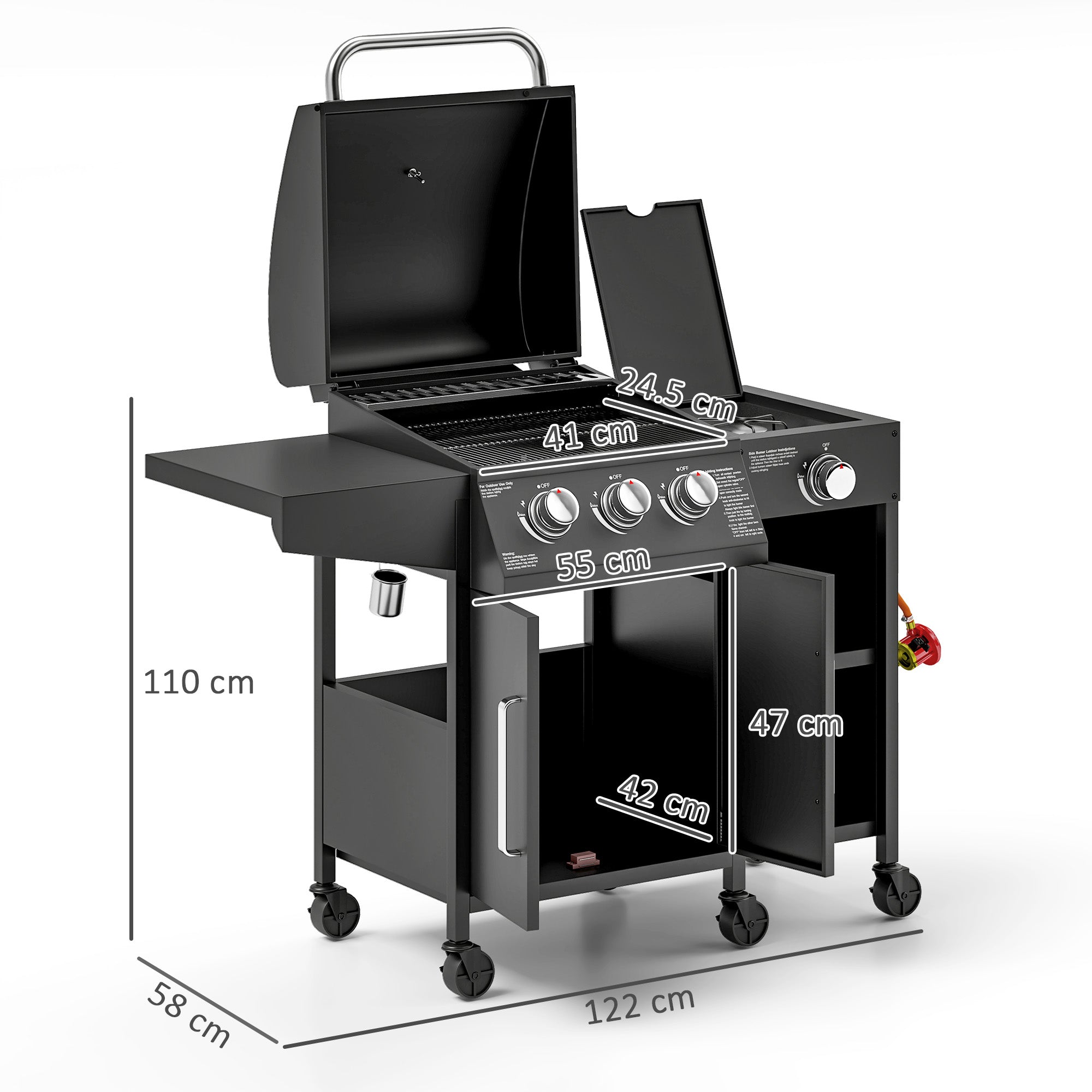 3 Burner Gas BBQ Grill with Storage Cabinet and Side Burner - Black