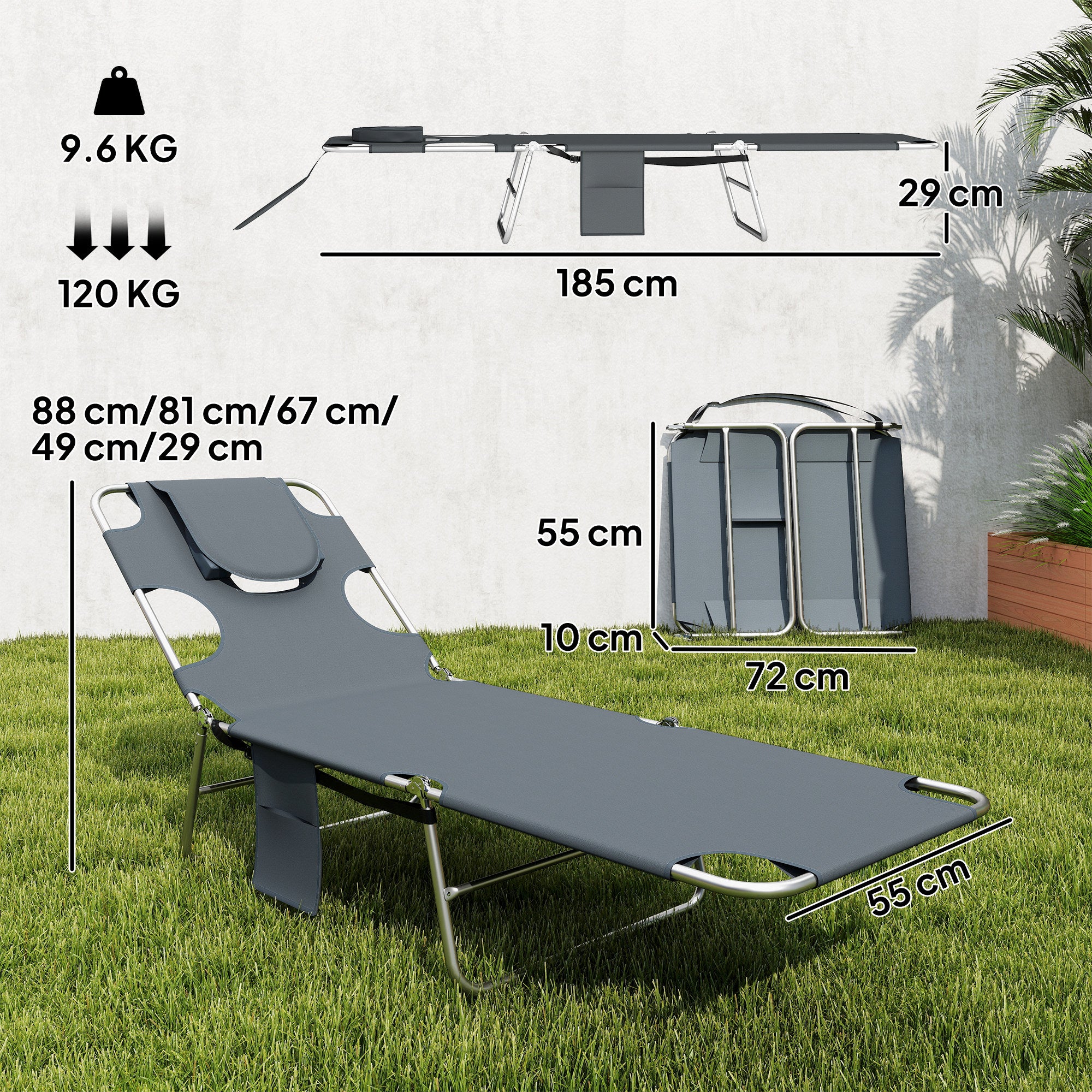 5-Position Adjustable Sun Loungers Set of 2 with Reading Hole and Side Pocket, Dark Grey