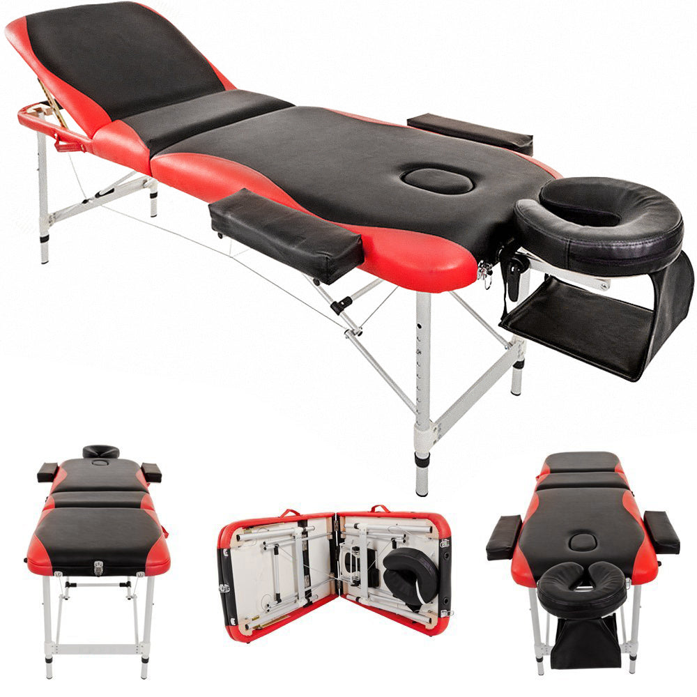 Portable Aluminium Massage Table, 3-Section Foldable Couch Bed with Adjustable Headrest, Arm Support, and Carrying Bag, Black+Red