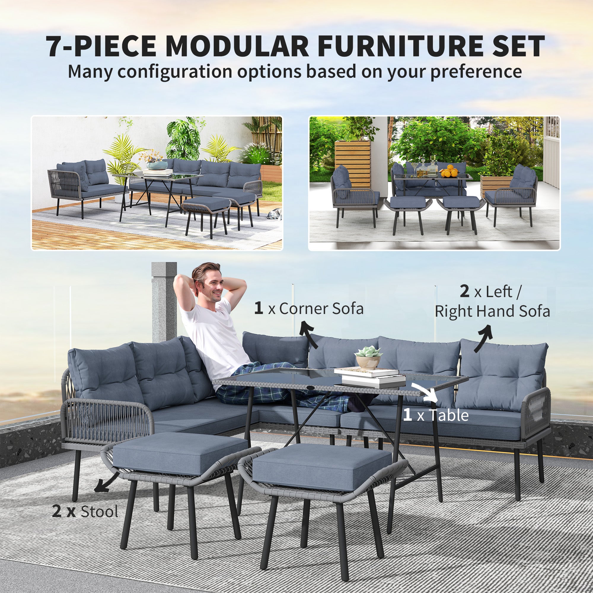 6 Piece Rattan Garden Furniture Set, 8 Seater Garden Corner Sofa with Cushions and Glass Top Table, Sectional Outdoor Furniture Conservatory Set for Patio, Charcoal Grey