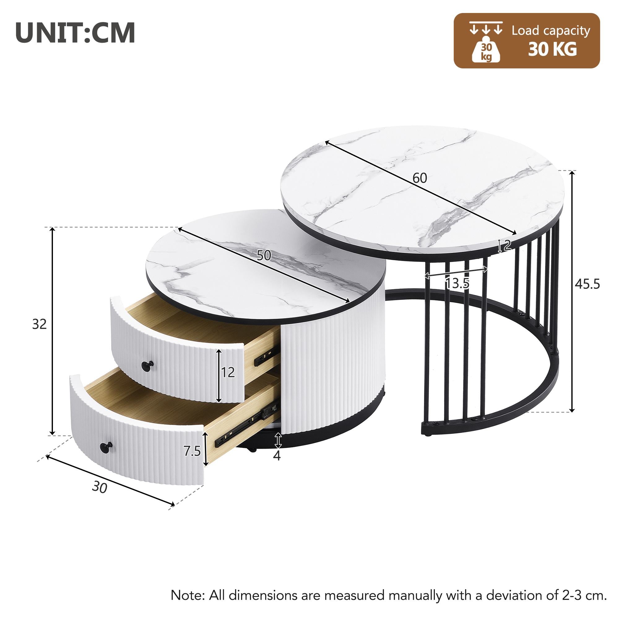 High Gloss Round Nesting Coffee Table Set with Marble Pattern Top and Storage Drawers, Modern Centre Table for Living Room, White+Black