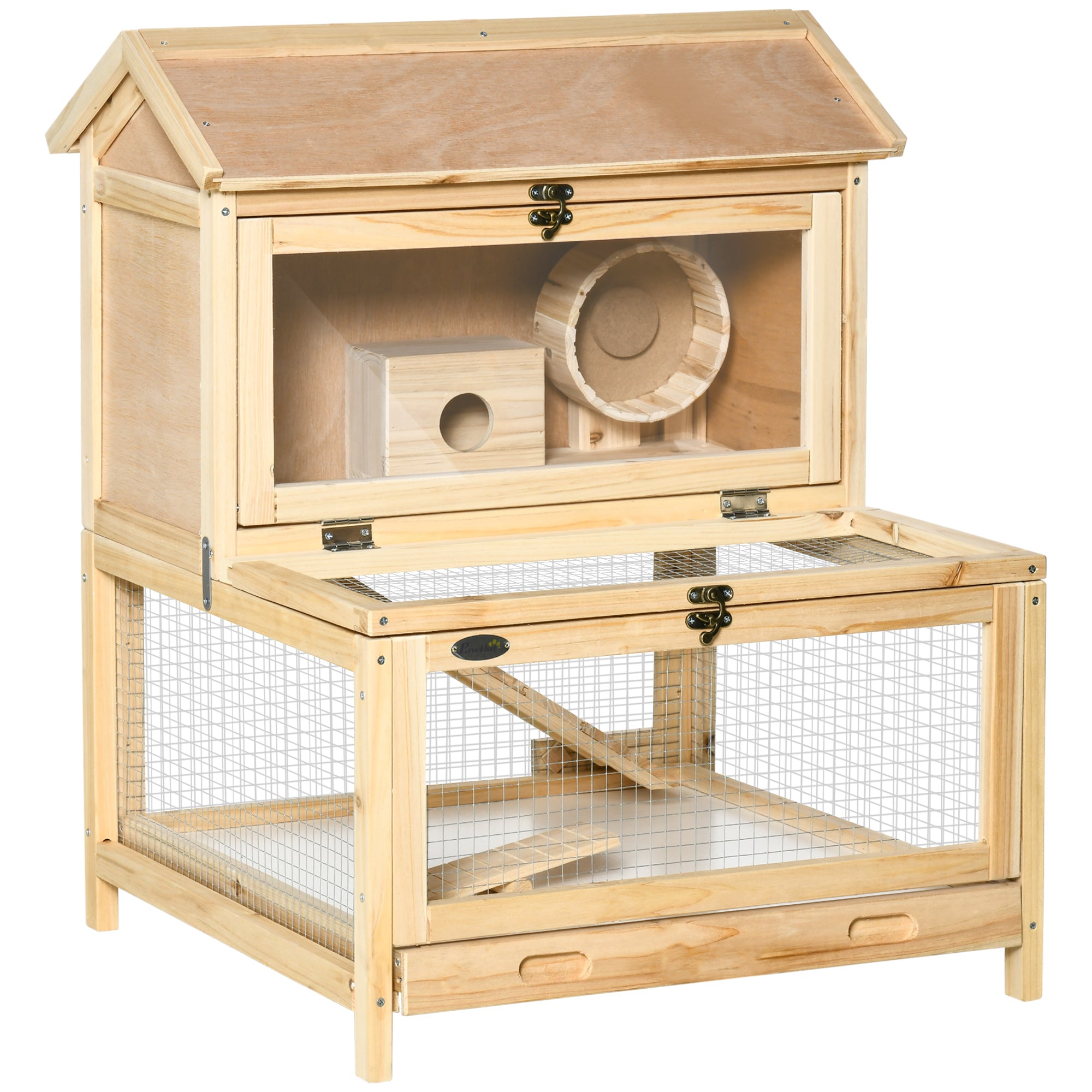 Wooden Hamster Cage with Pull-Out Tray, Two Tier Small Animal Hutch with Openable Top, Ladder, Seesaw, Running Wheel, - Natural