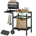 Outdoor BBQ Trolley with Stainless Steel Top, Foldable Side Table & Hooks - Black