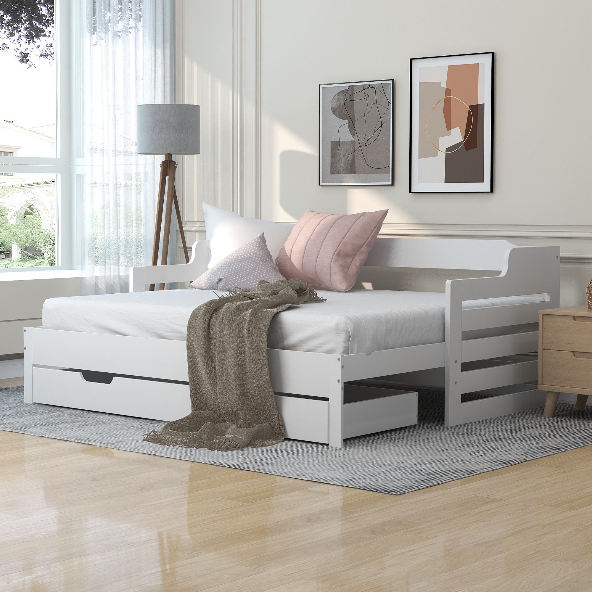 Single Guest Sofa Bed with Pull-Out Trundle and Storage Drawer - White