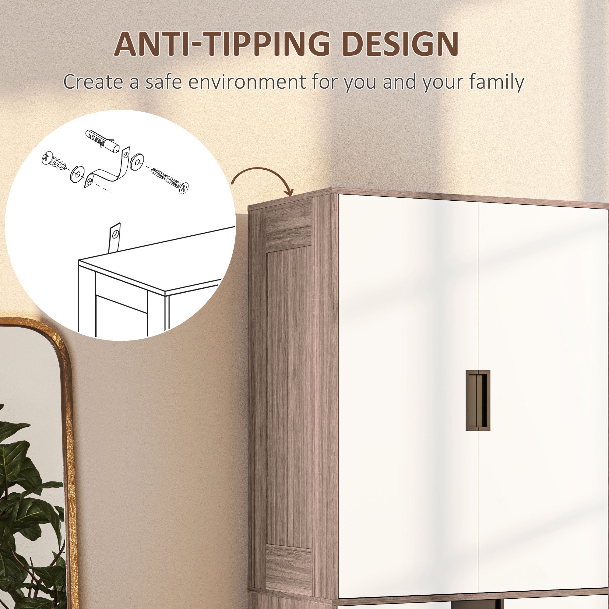 Two Door Two Drawer Wardrobe with Brown Accents - White/Brown