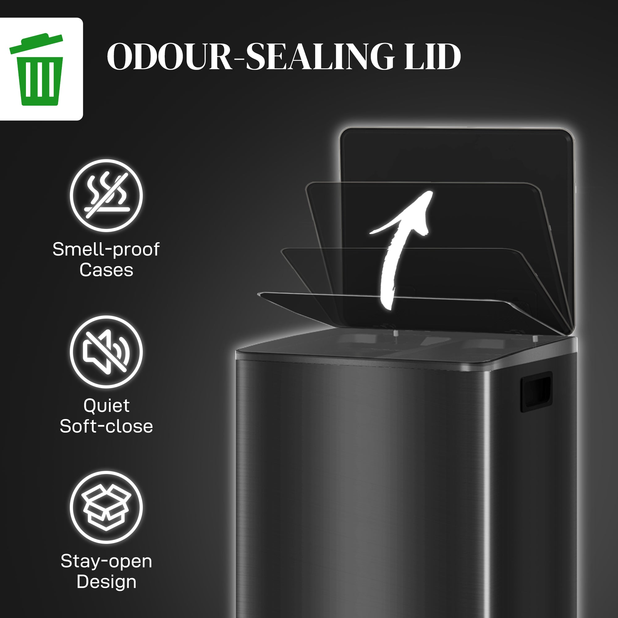 60L Dual Compartment Stainless Steel Bin, with Deodoriser Holders - Black