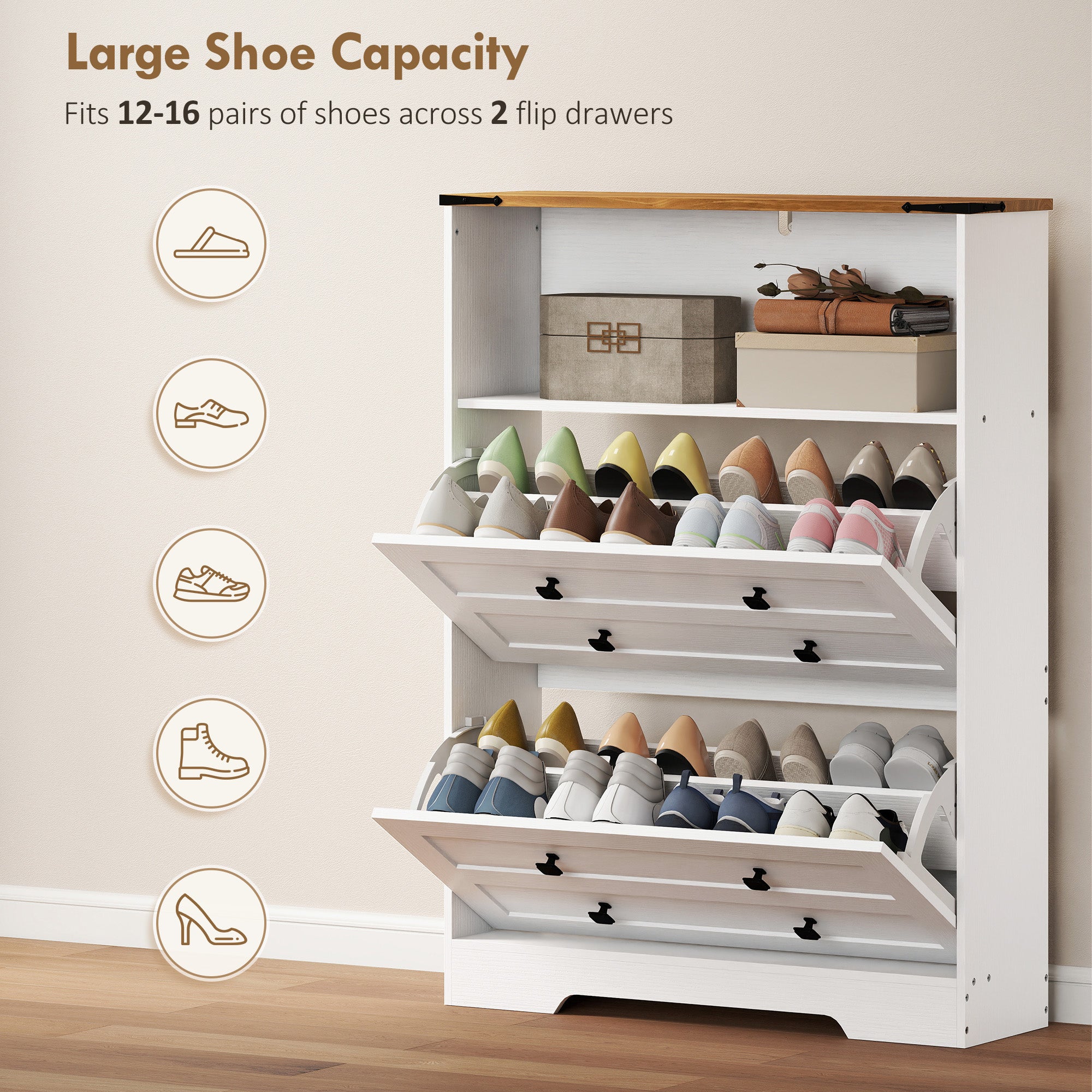 Shoe Cabinet with 2 Flip Drawers, Narrow Shoe Storage Cabinet, White