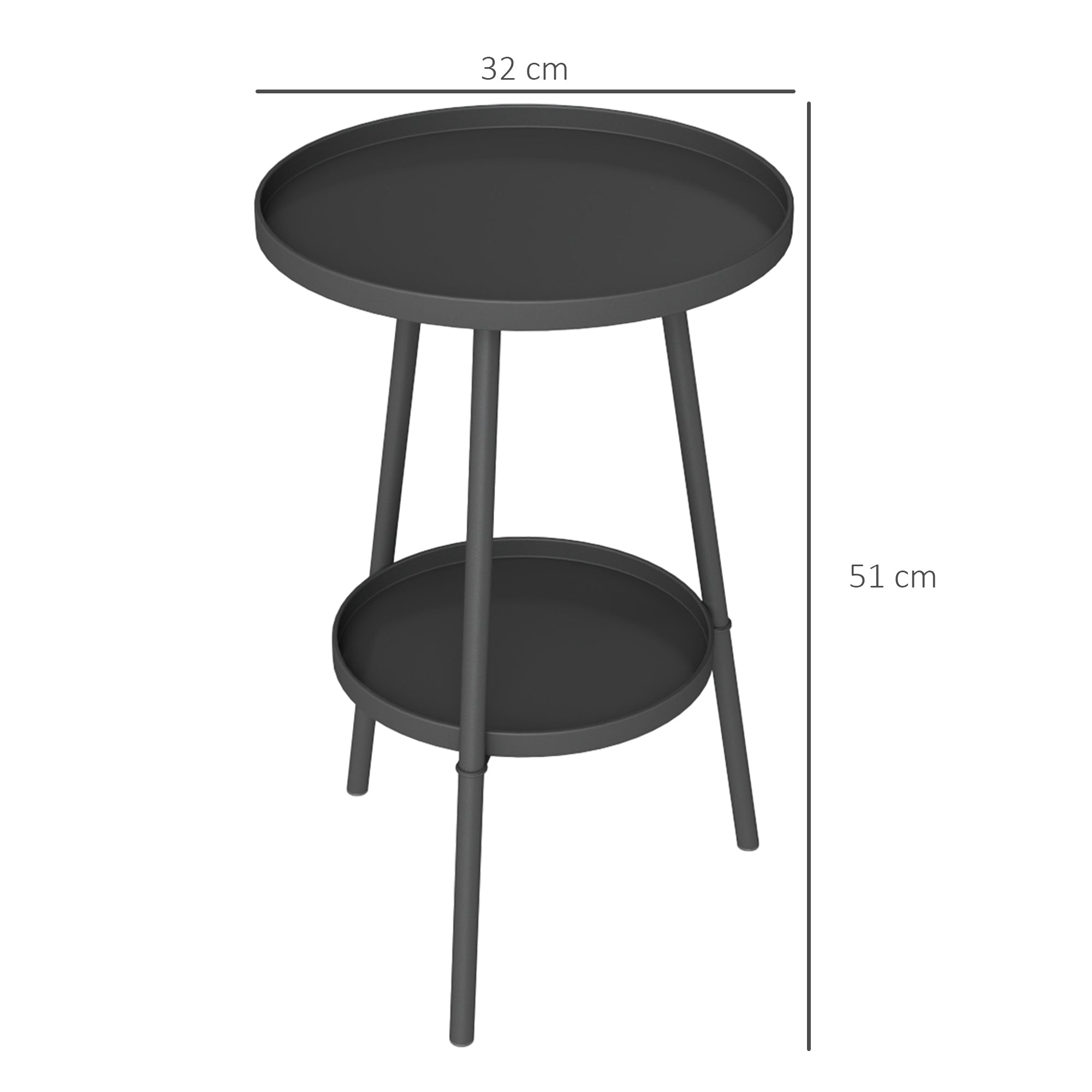 Round Garden Table, 2-Tier Small Side Table, Metal Patio Table Coffee Table Dining Table for Porch Deck Balcony, Black