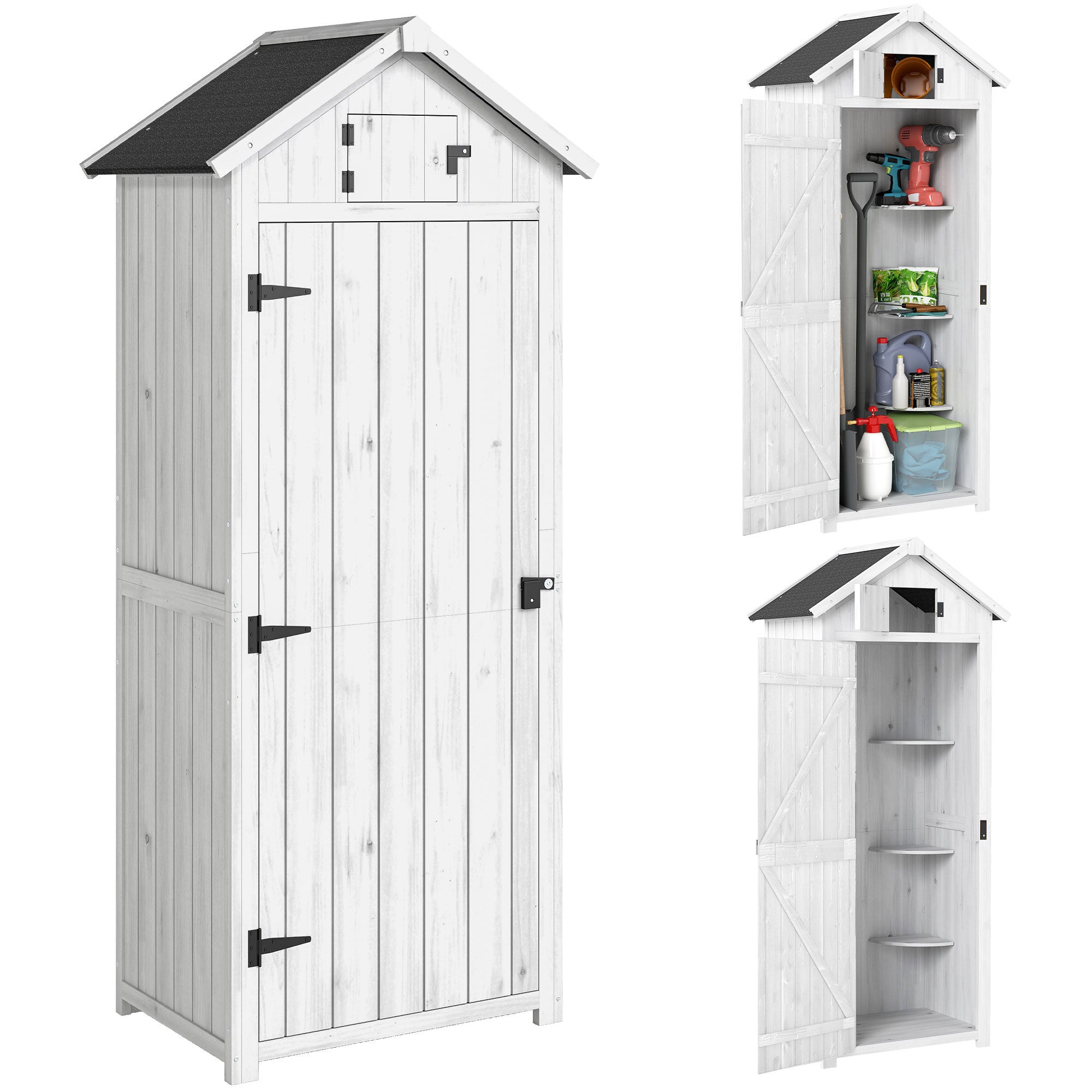 Small Shed, Tall Slim Wooden Garden Shed with 3 Removable Shelves and Roof Hatch, Compact Outdoor Tool Storage Cabinet with Asphalt Roof and Door Latch, 77 x 54.2 x 179 cm, Light Grey