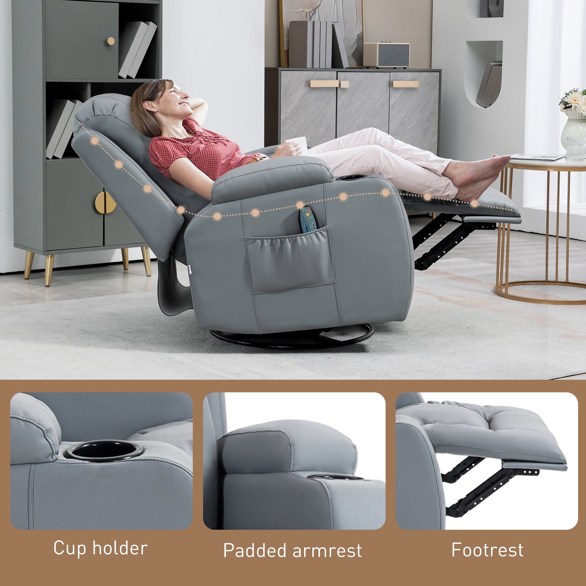 Massage Recliner Chair with 8 Vibration & Heat, PU Leather Recliner Armchair with Cup Holders and Side Pockets, Manual Reclining Chair with Remote, 360° Swivel, Rocking, Light Grey