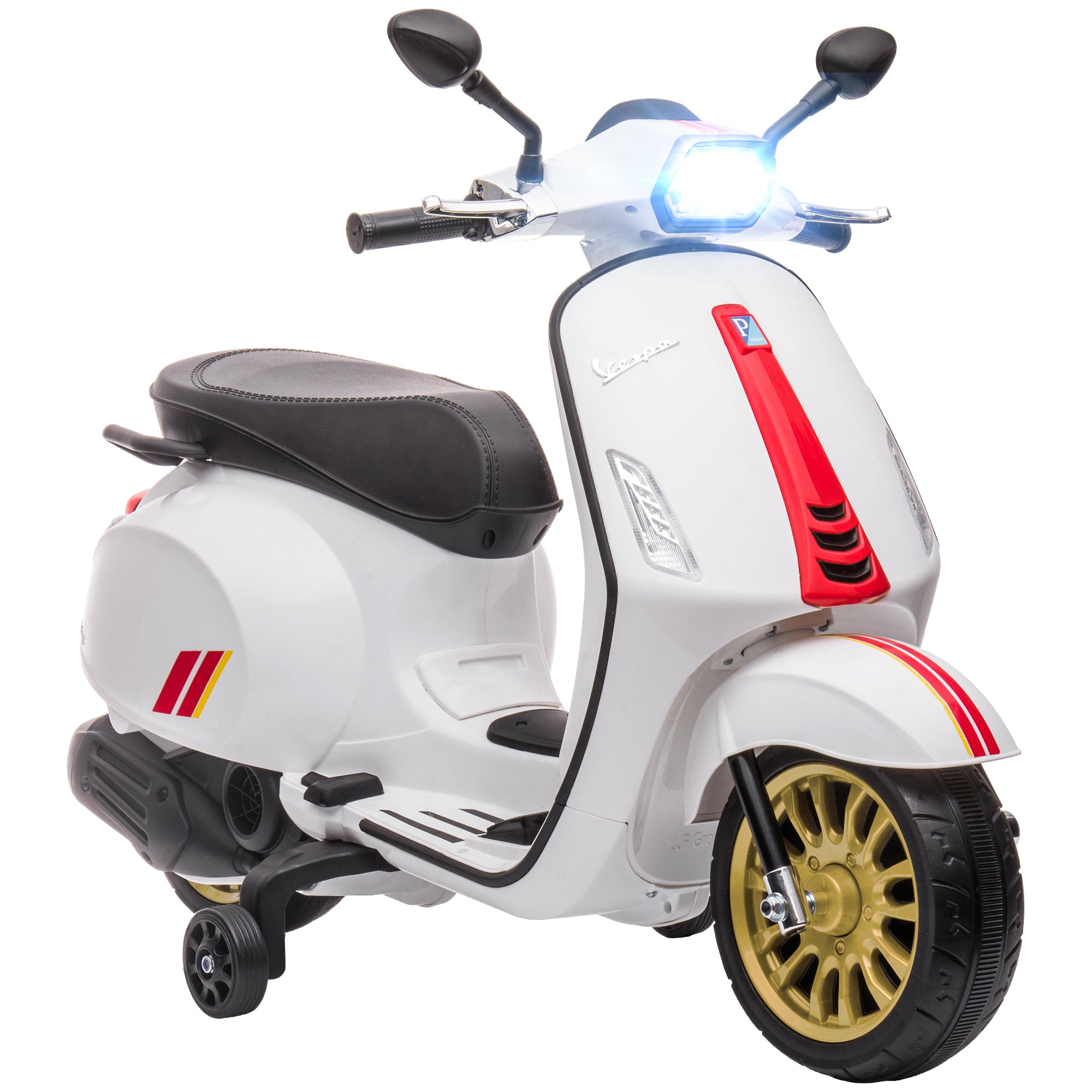 12V Vespa Licensed Kids Electric Motorbike w/ Music, Headlights, FM Radio, for 3-6 Years - White