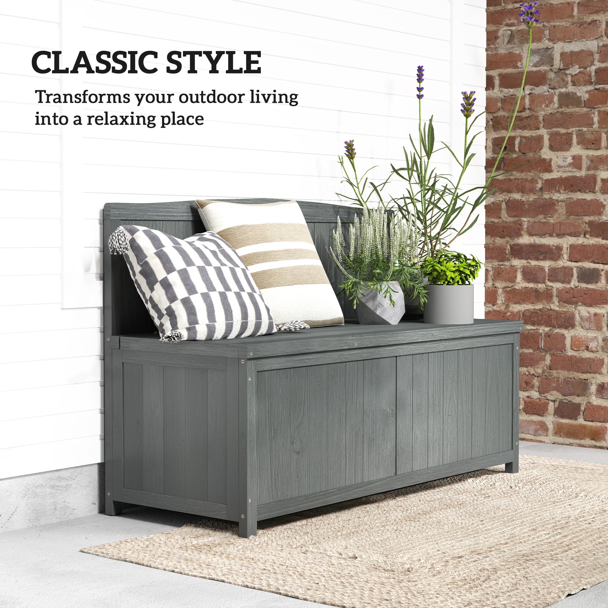 Wood Storage Bench for Patio Furniture, Outdoor Garden Seating Tools, Grey