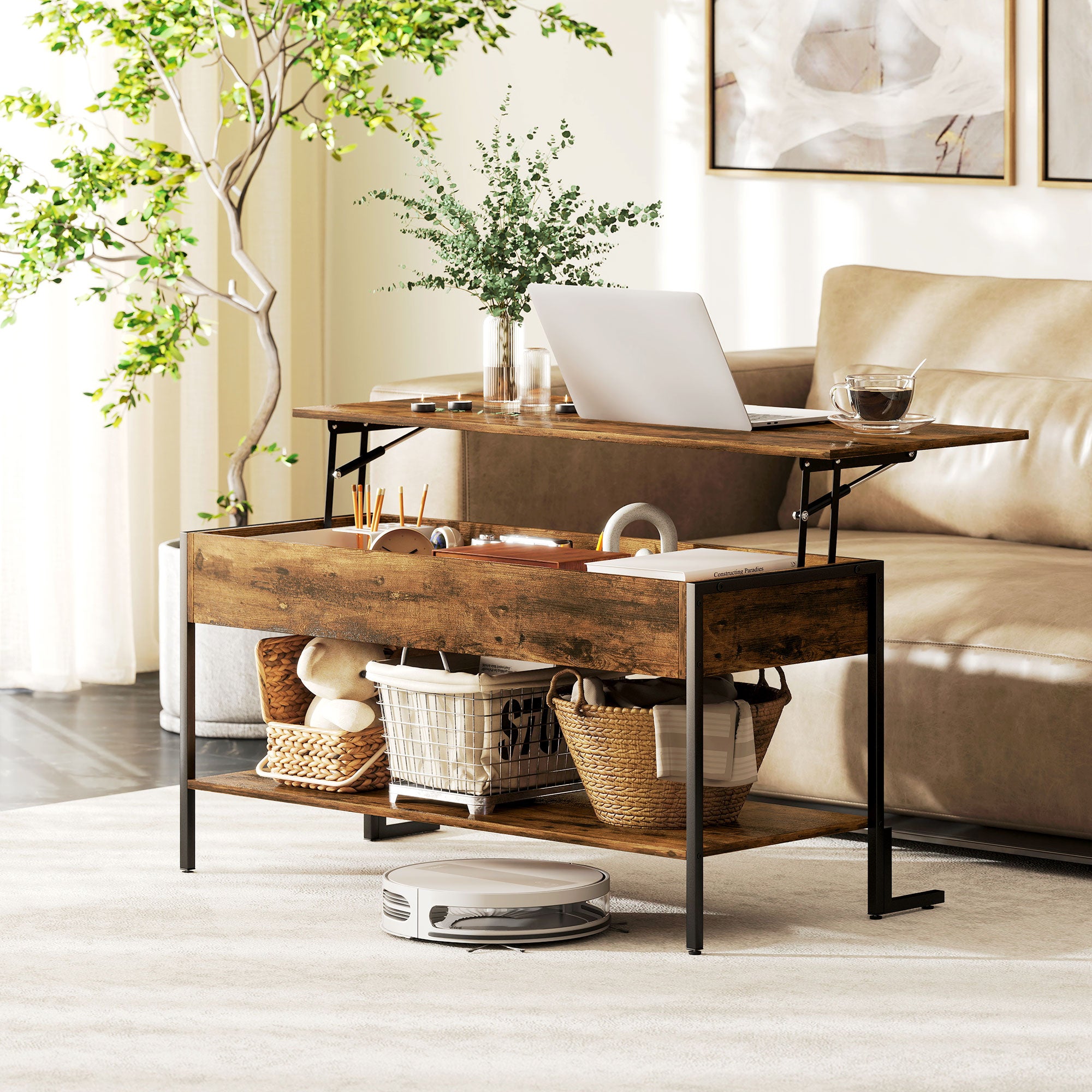 Lift-Top Coffee Table, with Storage - Rustic Brown