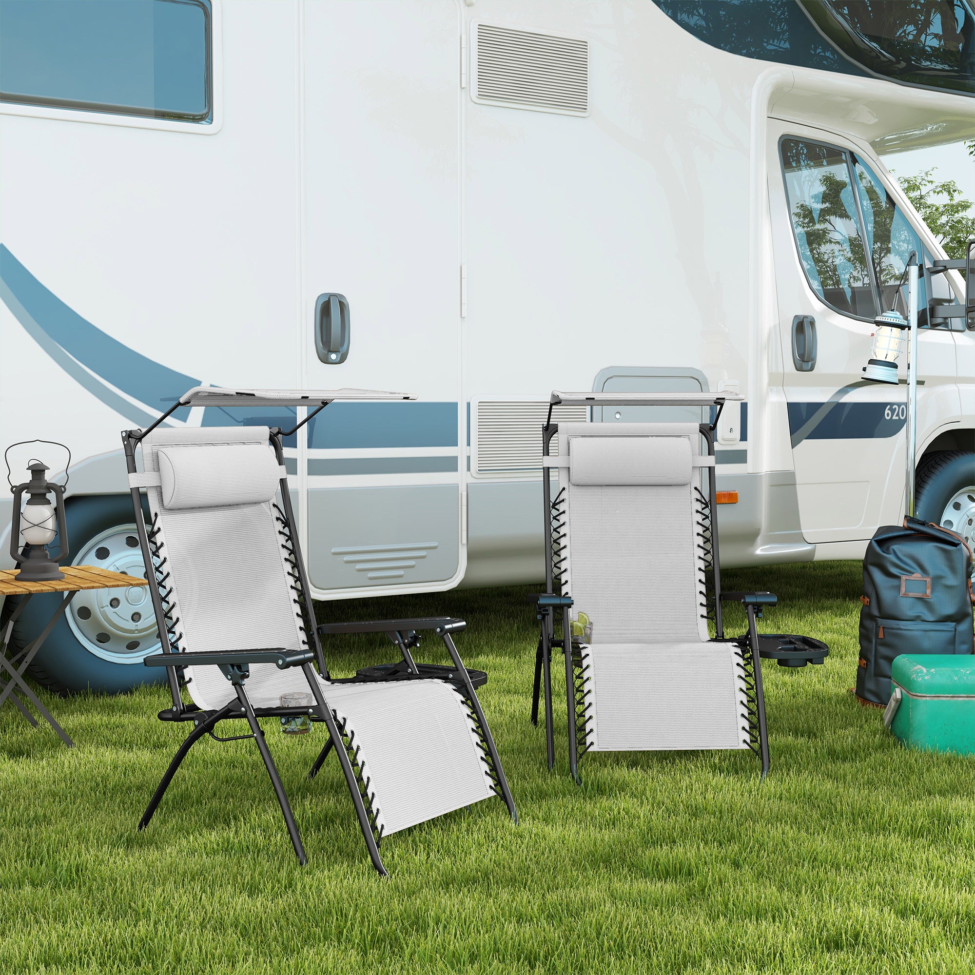 2 Piece Foldable Reclining Garden Chairs with Canopy - White