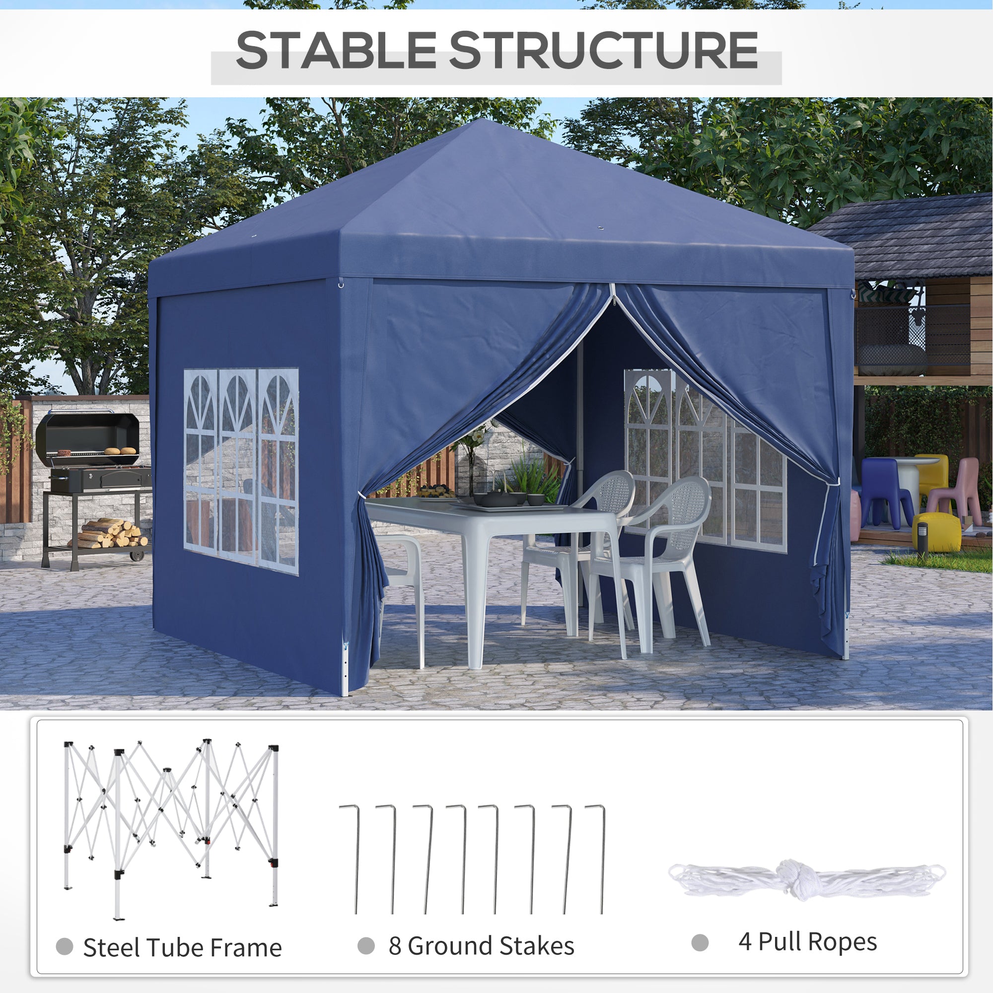 3 x 3 m Garden Pop Up Gazebo, Wedding Party Tent Marquee, Water Resistant Awning Canopy with Sidewalls, Windows, Carry Bag, Blue