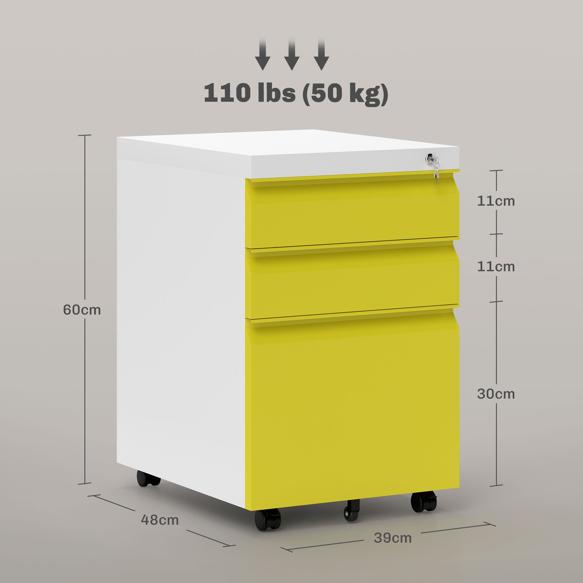 3 Drawer Filling Cabinet, Mobile Metal File Cabinet with Anti-tilt Design for Letter, A4, Legal Size, Yellow