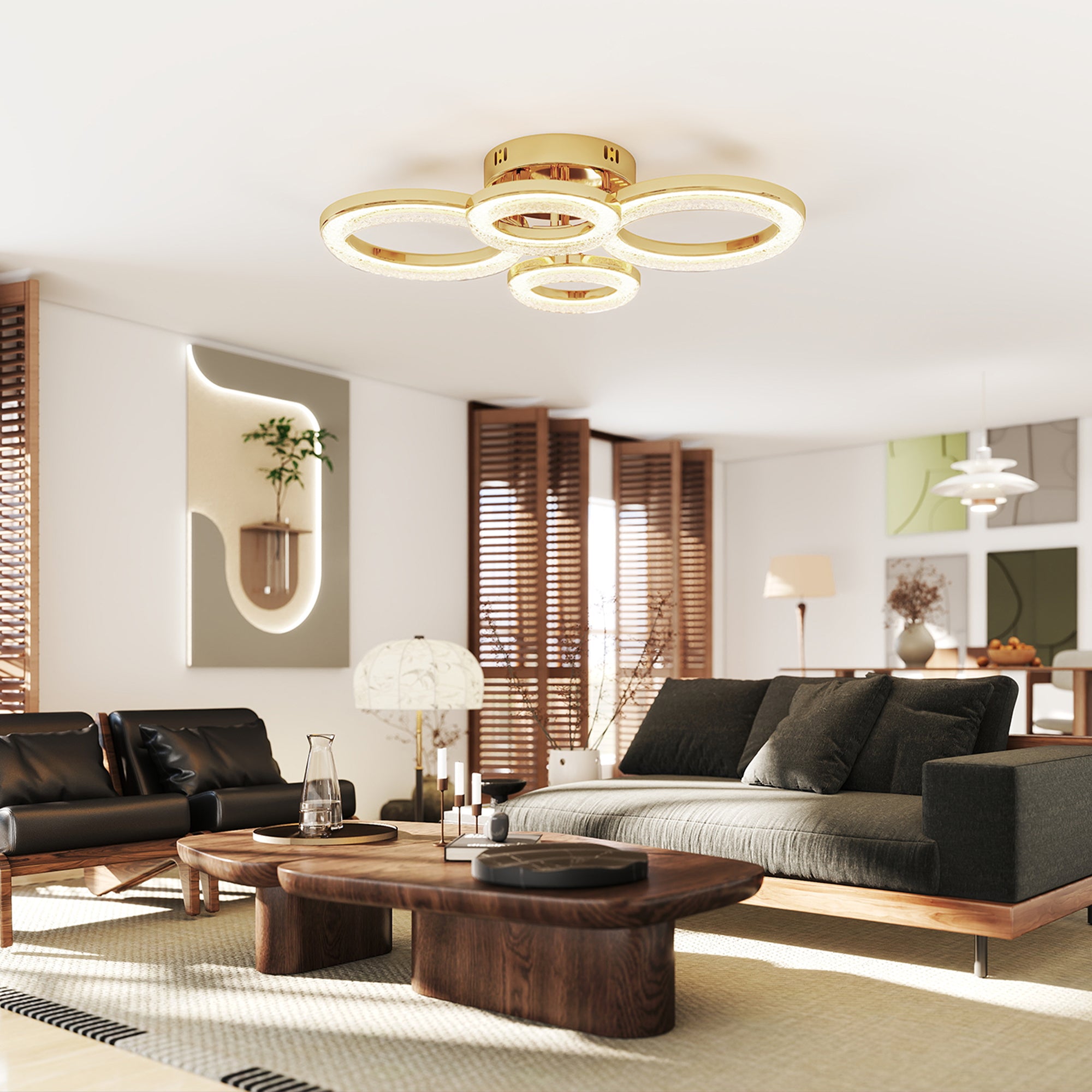 LED Ceiling Light, Modern Dimmable 4 Rings Ceiling Lamp with Wall Switch, 40W 4350lm Flush Mount Ceiling Light with 3500K/4500K/6000K Colour Temperatures for Living Room, Bedroom, Gold Tone