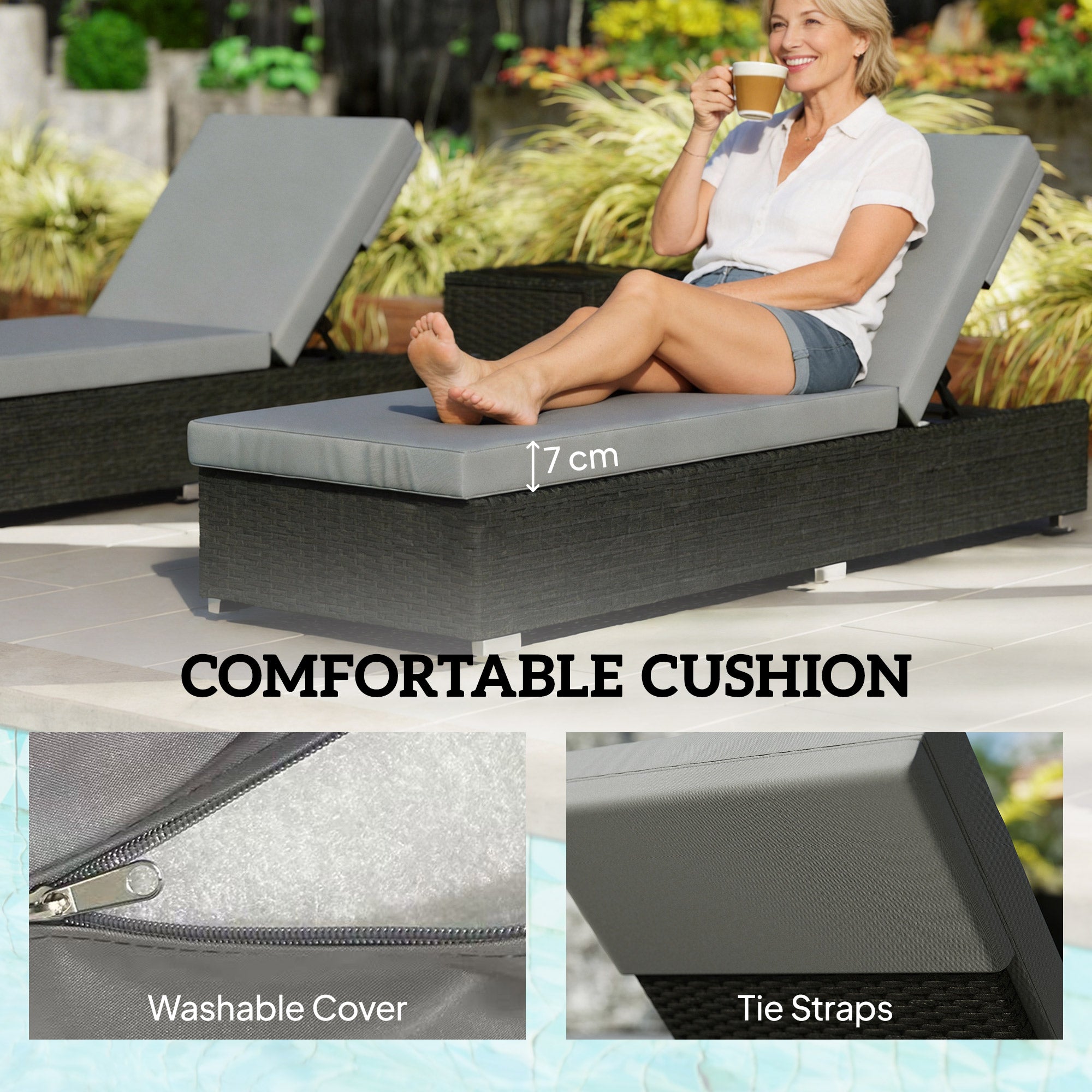 Rattan Sun Loungers Set of 2 with Side Table, Garden Recliner Sunbeds with Adjustable Back, Cushions, Dark Grey