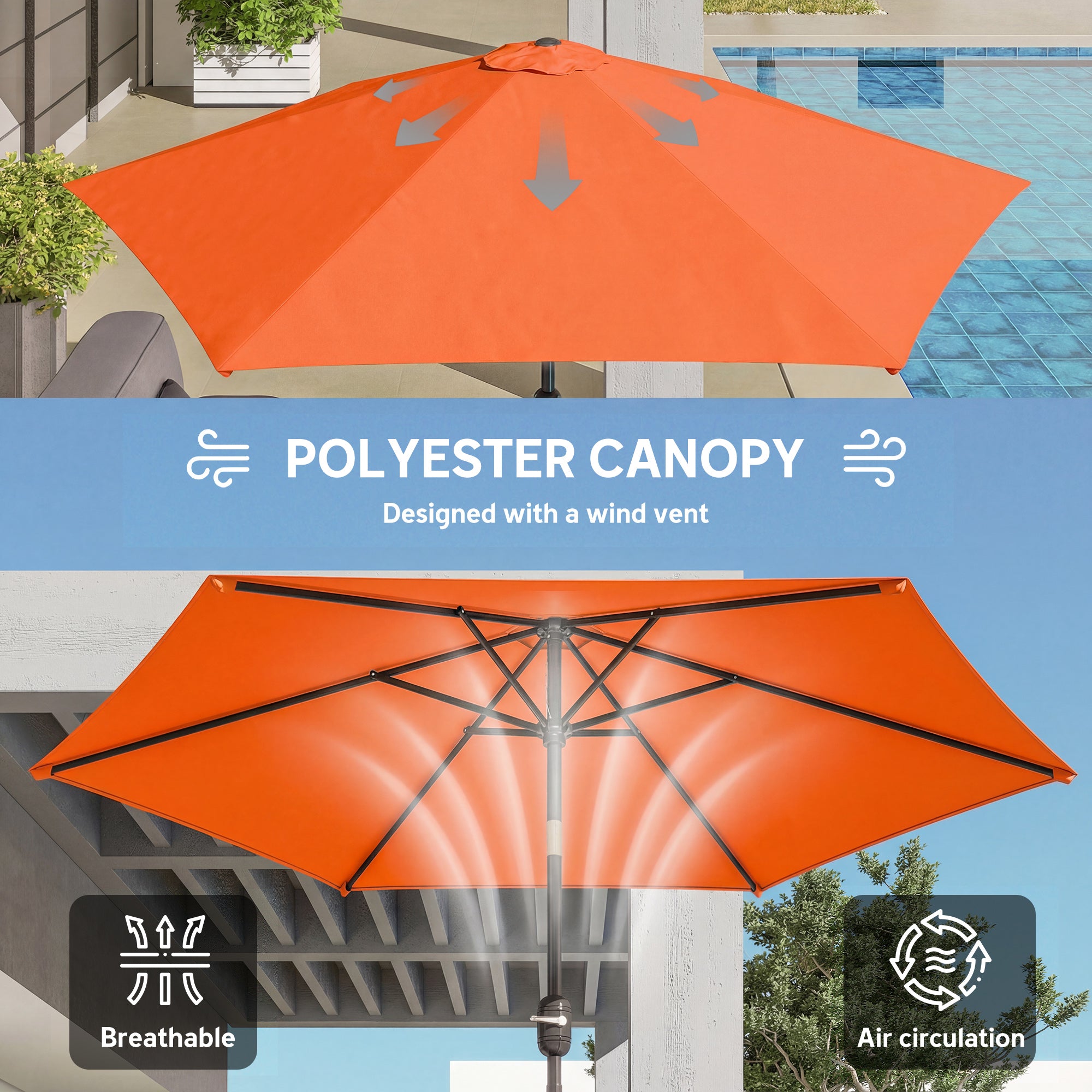 2.6 m Garden Parasol Umbrella with Aluminium Pole, Outdoor Patio Umbrella with Tilt and Crank, Vent, Orange