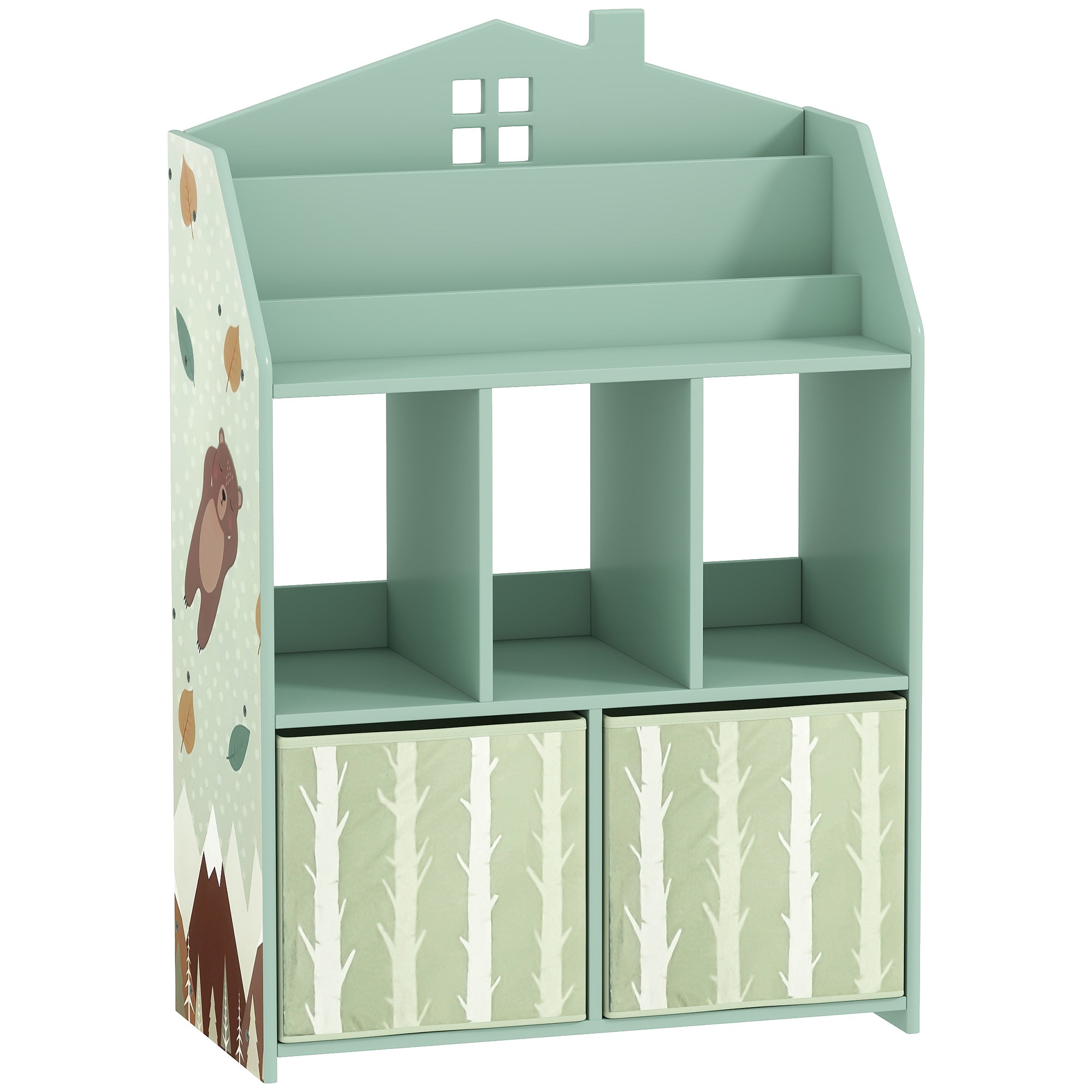 Kids Bookshelf with Storage, Toy Storage Unit with Book Display, Shelves and Fabric Drawers for Playroom Nursery, Green