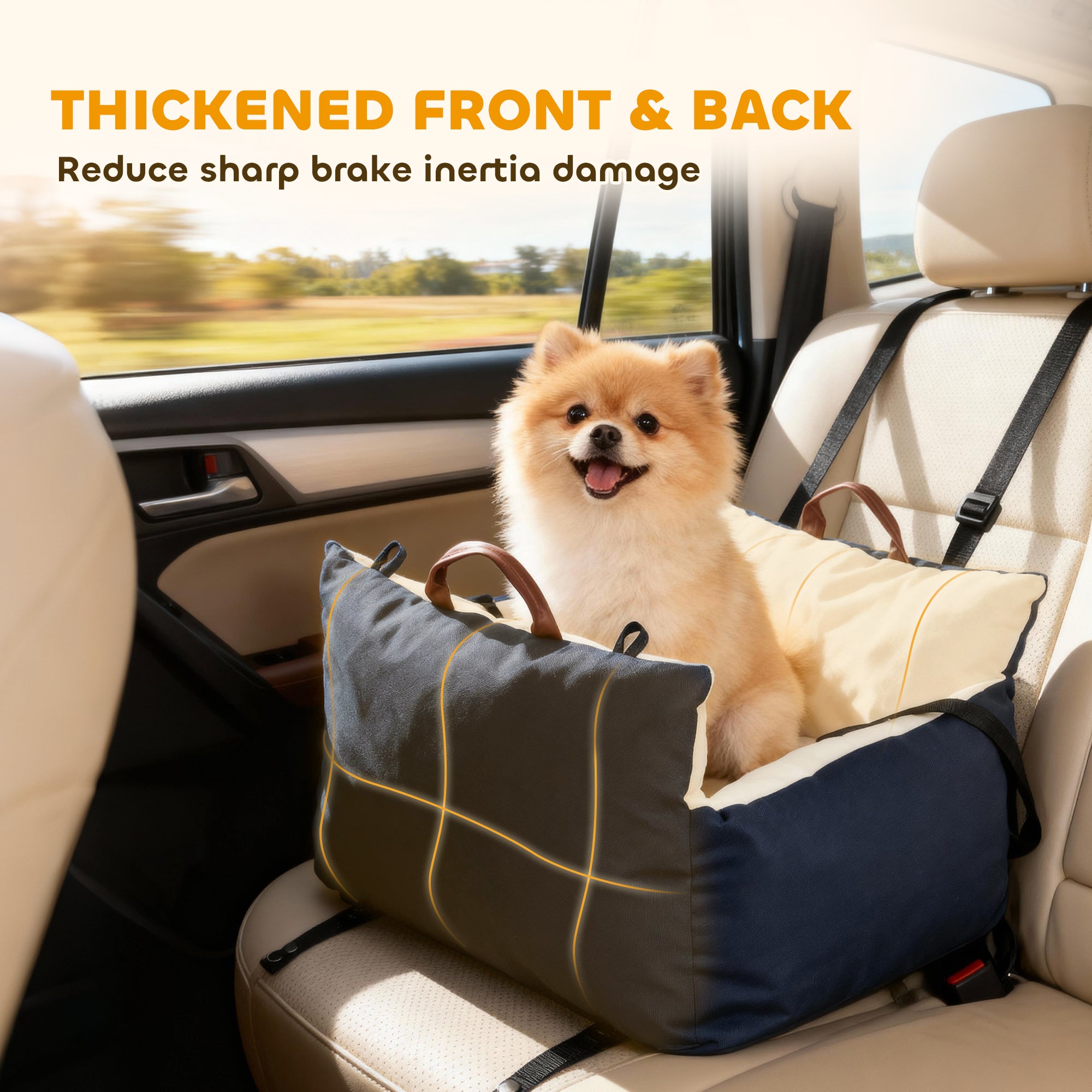 Dog Car Seat, Cosy Pet Car Booster Seat for Small Dog Under 5 KG, Portable Travel Bed with Safety Belts, Navy Blue