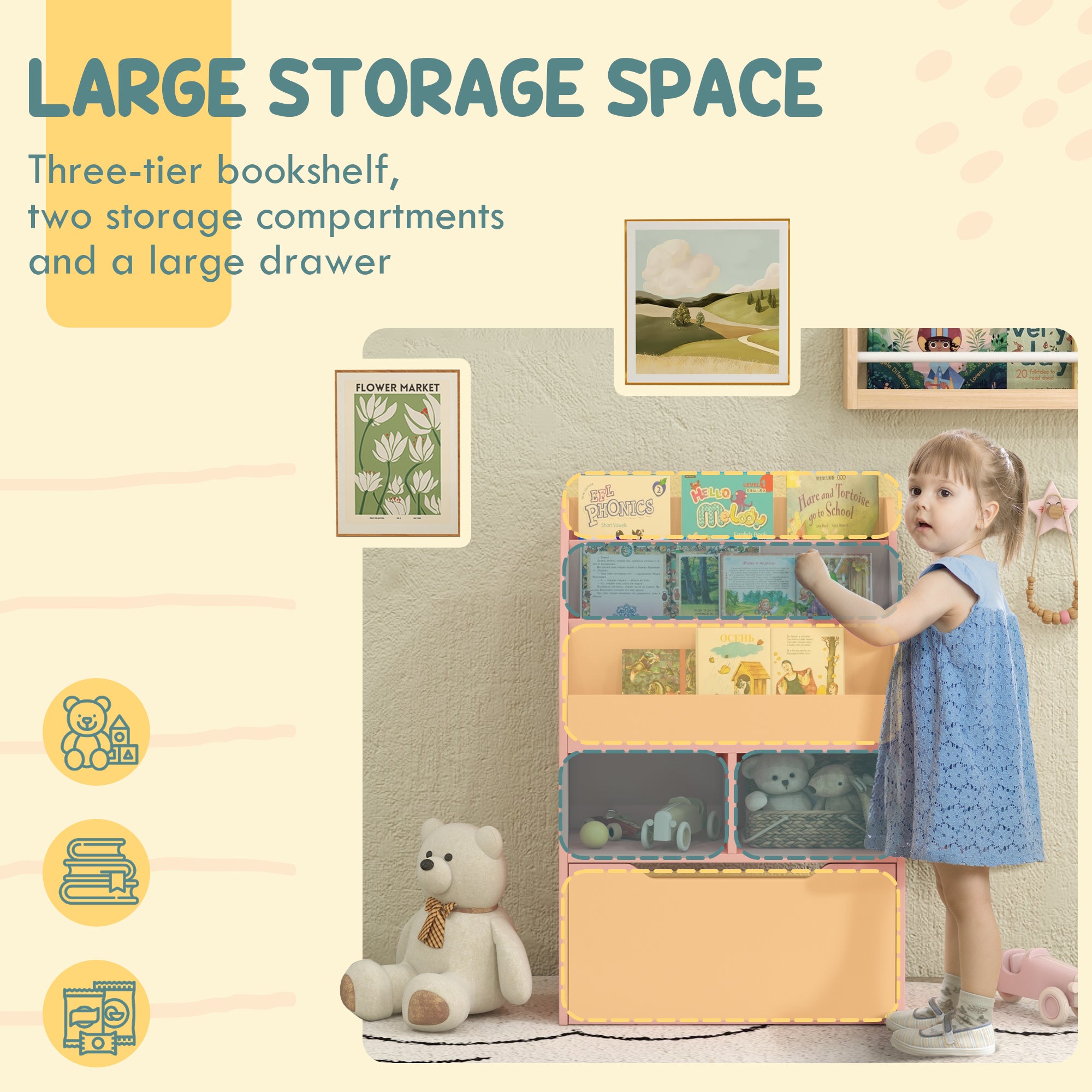 Kids Bookshelf with Storage Drawer and Wheels - Pink