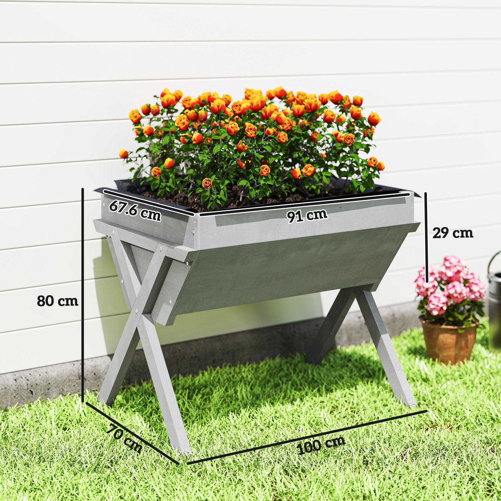 Wooden Raised Garden Bed with Bed Liner, Elevated Planter Box with Legs, Light Grey