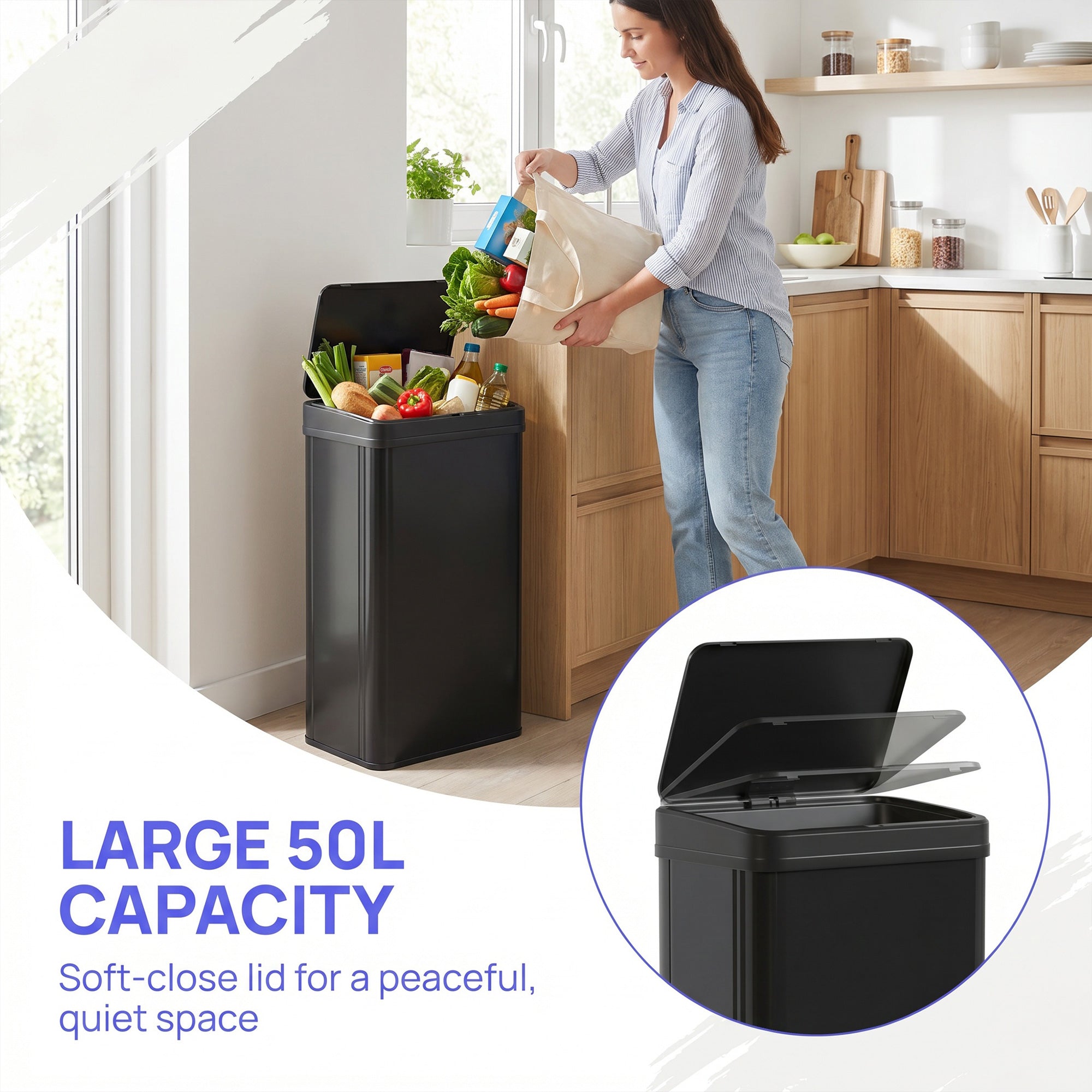 40L Sensor Bin with Soft-Close Lid, Stainless Steel Automatic Touchless Motion Sensor Kitchen Bin, Black
