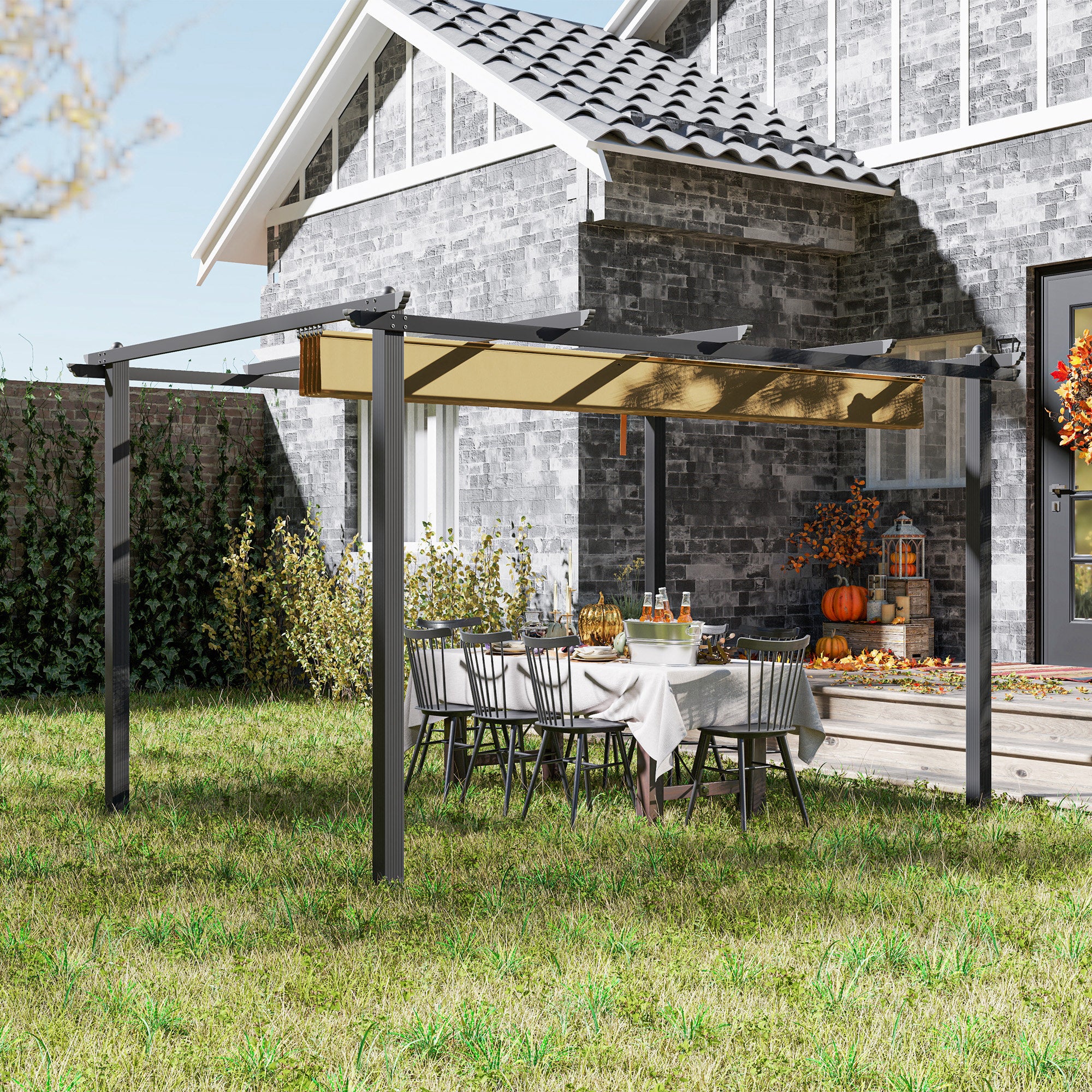 3 x 4m Aluminium Pergola with Retractable Roof - Khaki