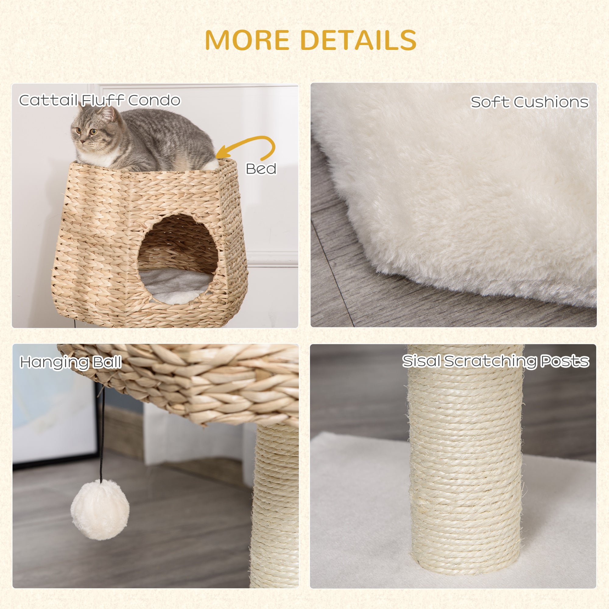 Cat Tree Tower with Scratching Post for Indoor Cats Climbing Activity Center Kitten Furniture Condo Sisal 45 x 45 x 66cm Natural