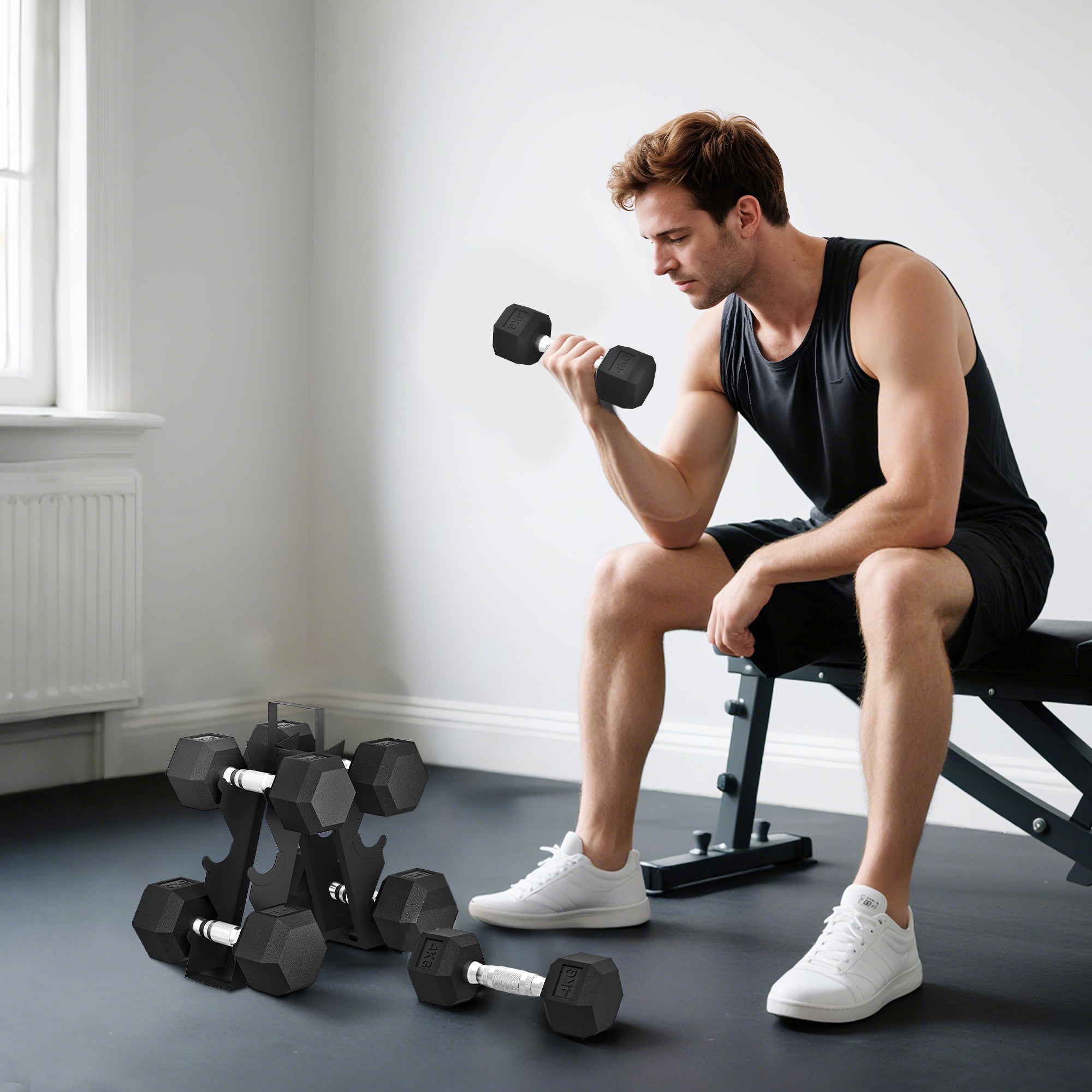 Hex Dumbbell Set with Weights Storage Rack, Rubber Coated Dumbbells, Non-Slip Chrome Handles, Space-Saving for Home Gym Weight Lifting Strength Training, 2 x 4kg, 2 x 6kg, 2 x 8kg
