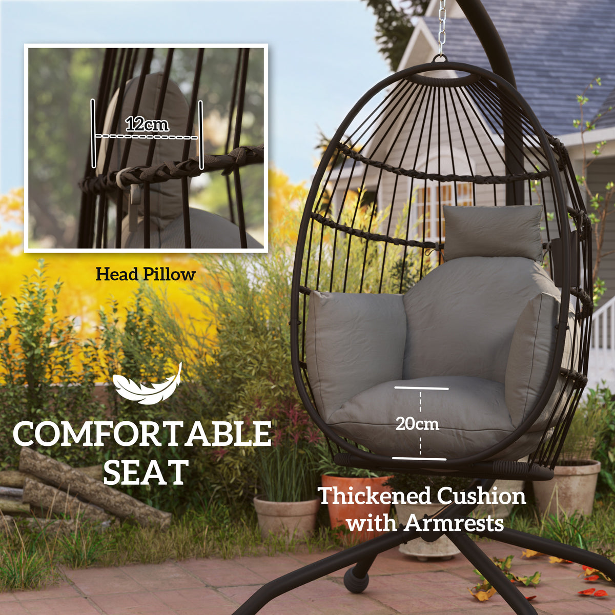 Hanging Egg Swing Chair with Folding Basket, Cushion, Headrest & Cup Holder for Indoor Outdoor Patio Garden - Dark Grey