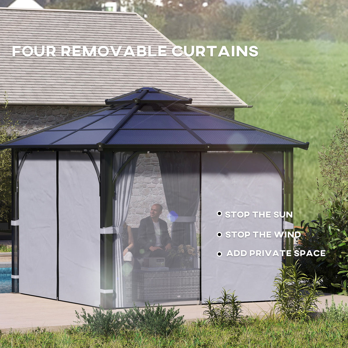 3 x 3m Hardtop Gazebo Canopy with 7mm Double Polycarbonate Roof, Mosquito Netting & Curtains - Dark Grey